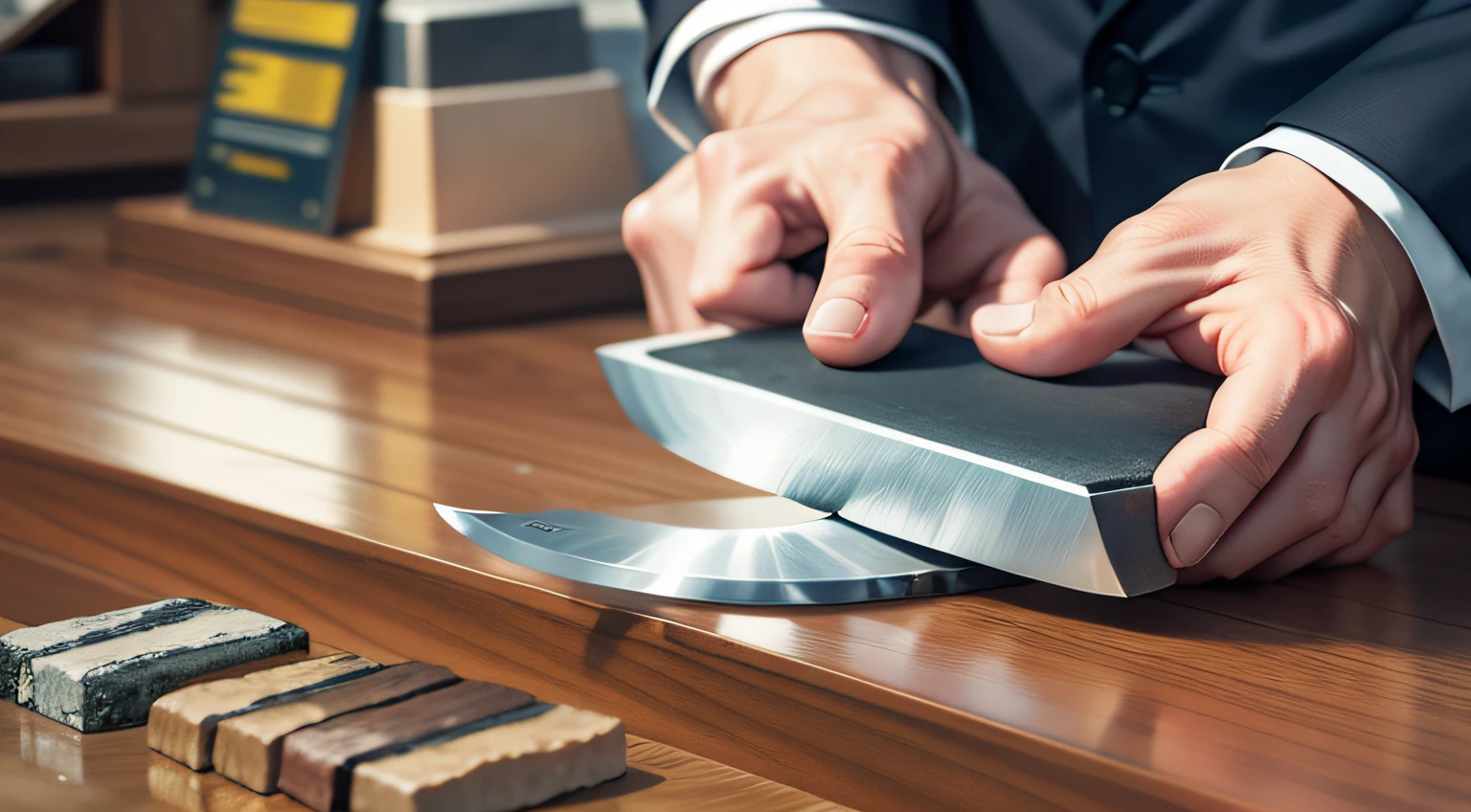 Create a realistic photo of a salesman's hands on a counter holding a sharpening stone for knives, correct the fingers of the right hand