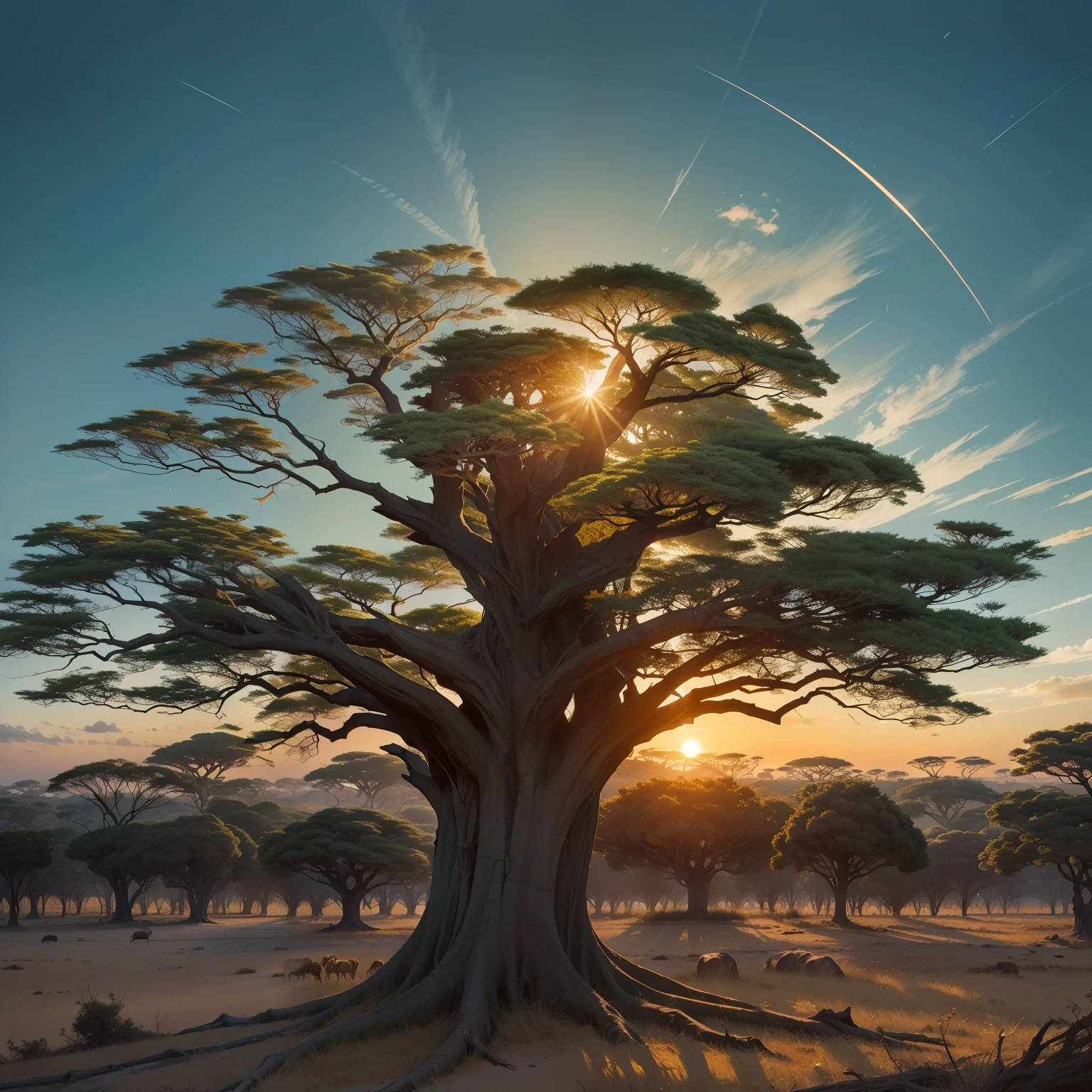 a majestic carmelite tree from the African savannah, seen in perspective from below, its very intricate branches resembling a tree root, leafless and with some hairy carmelite fruits, a sunset background,