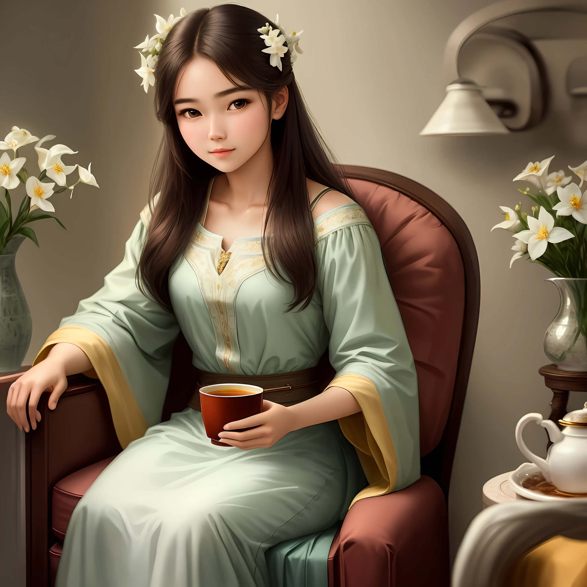 Light theme, (best quality, masterpiece: 1.2), lots of jasmine, a beautiful girl of 20 years old, holding a cup in her hand, sitting on a recliner drinking tea