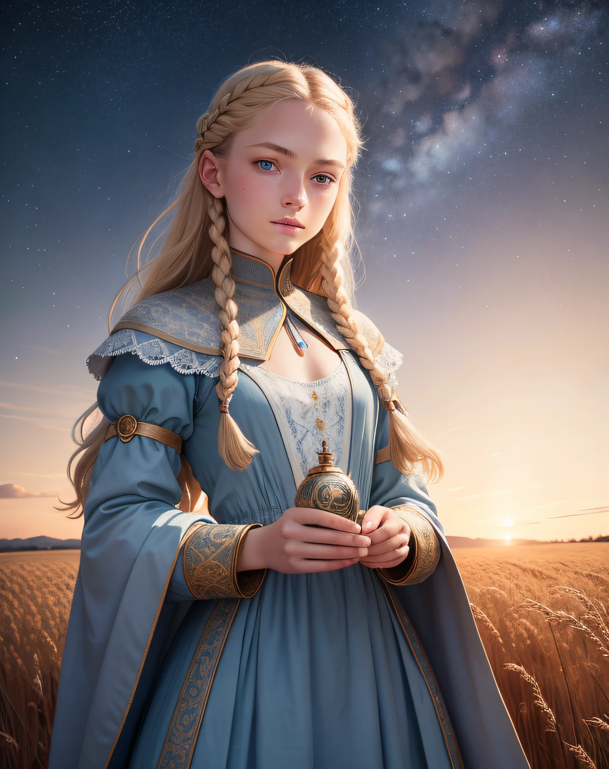 ((award winning photograph))), masterpiece, 75mm f1.2, (bright face), perfectly composed gorgeous (jp-svetF:0.85) 18 years old, blond braided hair, detailed glossy [blue] eyes, ((small breasts)),hyperdetailed skin, pores, perfect hands, 17th Century Russian Princess standing in field of wheat, stars in background night sky, intricate details, lace