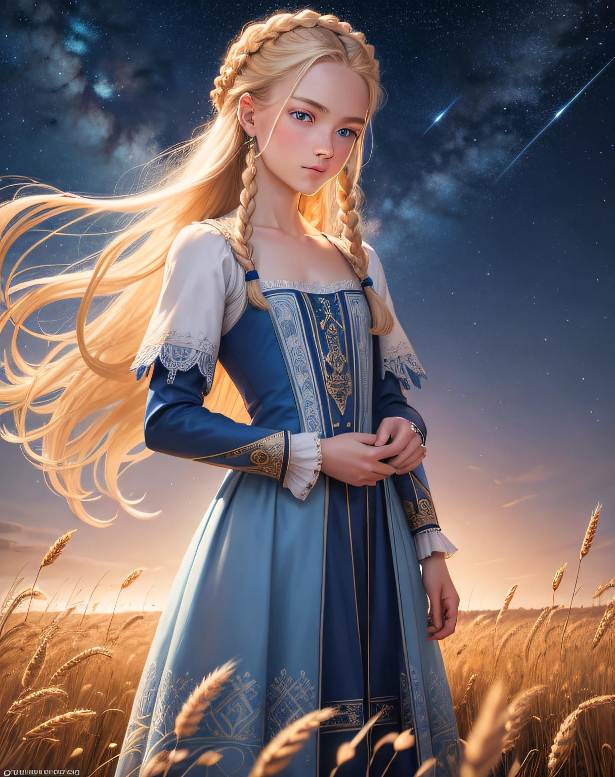 ((award winning photograph))), masterpiece, 75mm f1.2, (bright face), perfectly composed gorgeous (jp-svetF:0.85) 18 years old, blond braided hair, detailed glossy [blue] eyes, ((small breasts)),hyperdetailed skin, pores, perfect hands, 17th Century Russian Princess standing in field of wheat, stars in background night sky, intricate details, lace