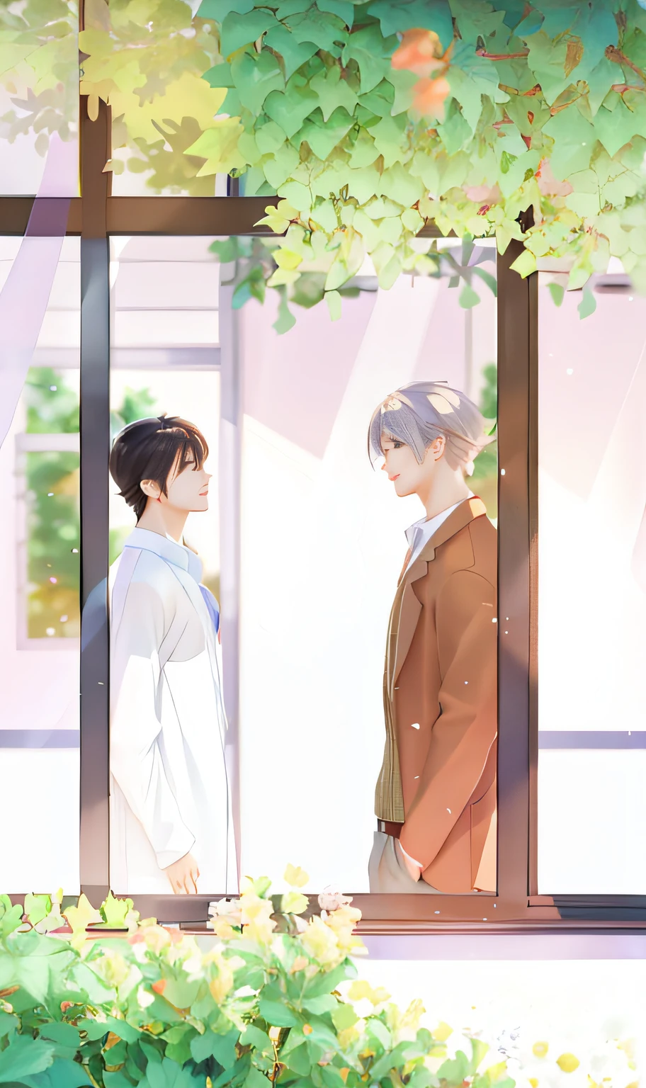 anime scene of a man and woman standing in front of a window, official fanart, high quality fanart, 🍁 cute, inspired by Bian Shoumin, two anime handsome men, cute scene, blurry and dreamy illustration, afternoon hangout, private moment, in the art style of bowater, summer morning, facing each other, blurred and dreamy illustration, summer day