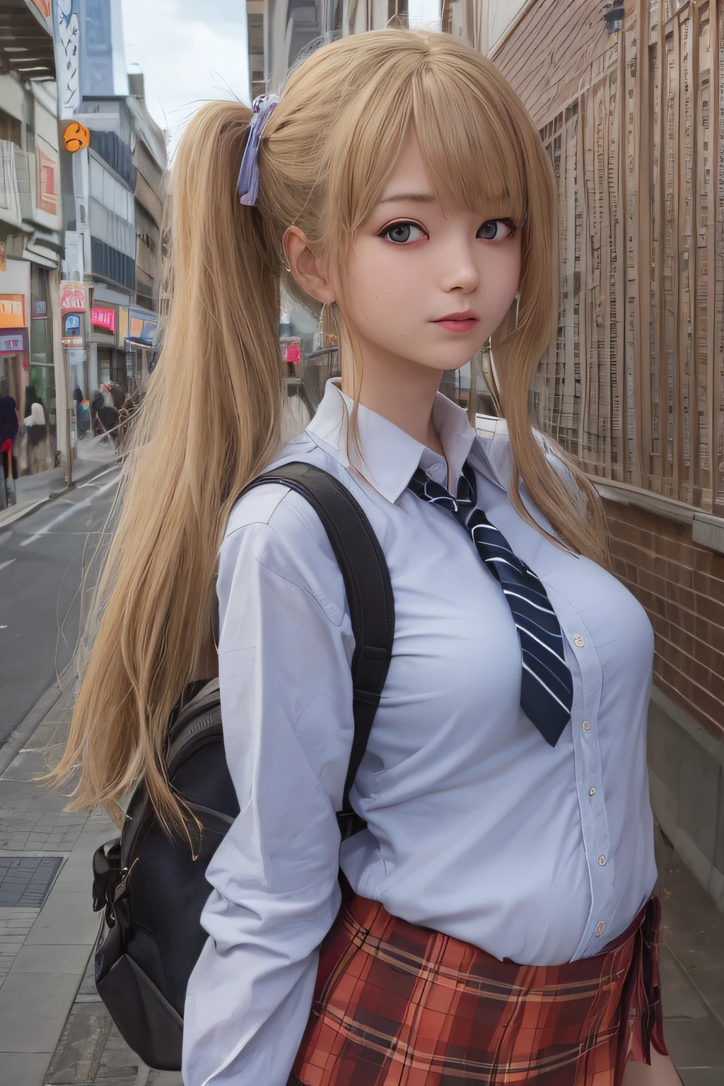 akizuki airi. oni chichi, masterpiece, best quality, super detailed, illustration, flat color, depth of field,
1 girl, young, anime, standing, street, full-length, blonde, twintails, sideways, looking at the viewer, red pleated mini skirt, wet white button-down shirt, school uniform, serafuku, blue tie, no bra, black tights, small backpack, detailed skin texture, detailed fabric texture, beautiful detailed face, big breasts, blue eyes, pregnant, tired, easy smile
