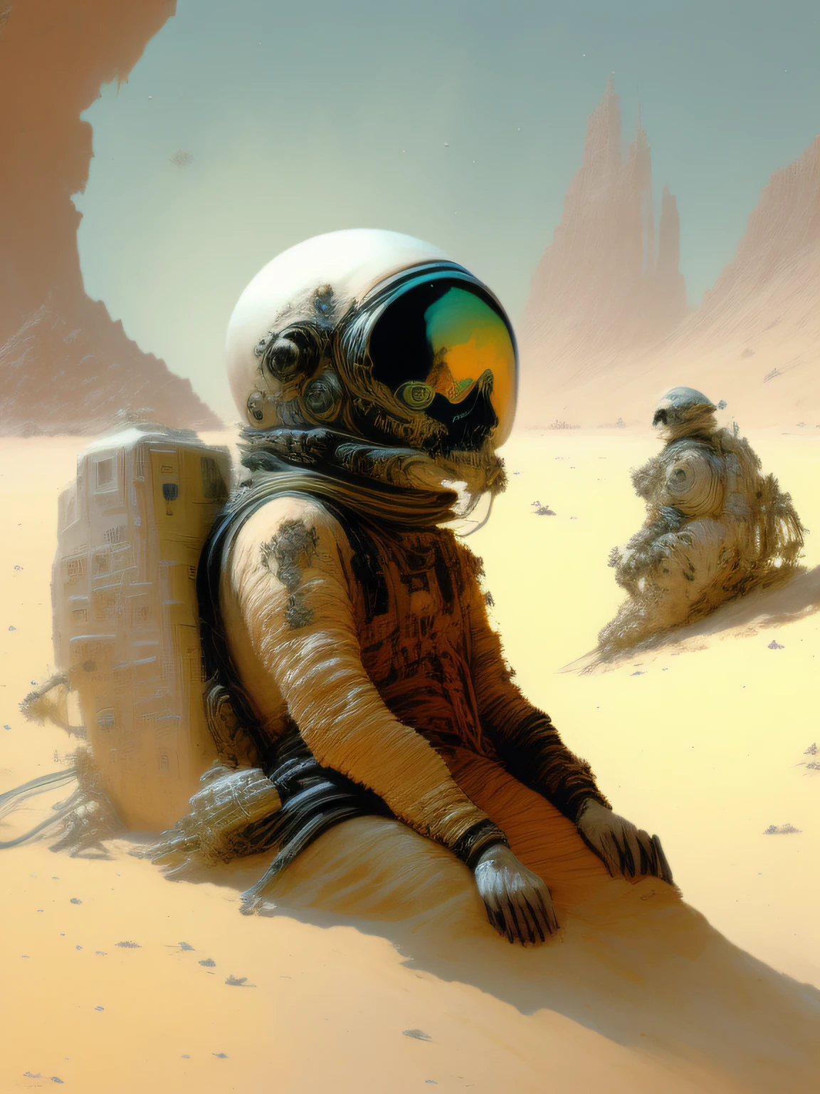 astronaut dead in the sands of Mars, skull, bones, by John Berkey,