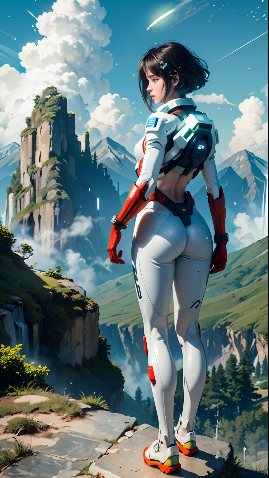 (35mmstyle:1.2), Highly detailed RAW color Photo, Rear Angle, Full Body, of (female space marine, wearing white and red space suit, futuristic helmet, tined face shield, rebreather, accentuated booty), outdoors, (standing on Precipice of tall rocky mountain, looking out at magical lush green rain forest on alien planet), vivid detail, (exotic alien planet), toned body, big butt, (sci-fi), (mountains:1.1), (lush green vegetation), (two moons in sky:0.8), (highly detailed, hyperdetailed, intricate), (lens flare:0.7), (bloom:0.7), particle effects, raytracing, cinematic lighting, shallow depth of field, photographed on a Sony a9 II, 35mm wide angle lens, sharp focus, cinematic film still from Gravity 2013, viewed from behind, dynamic angle