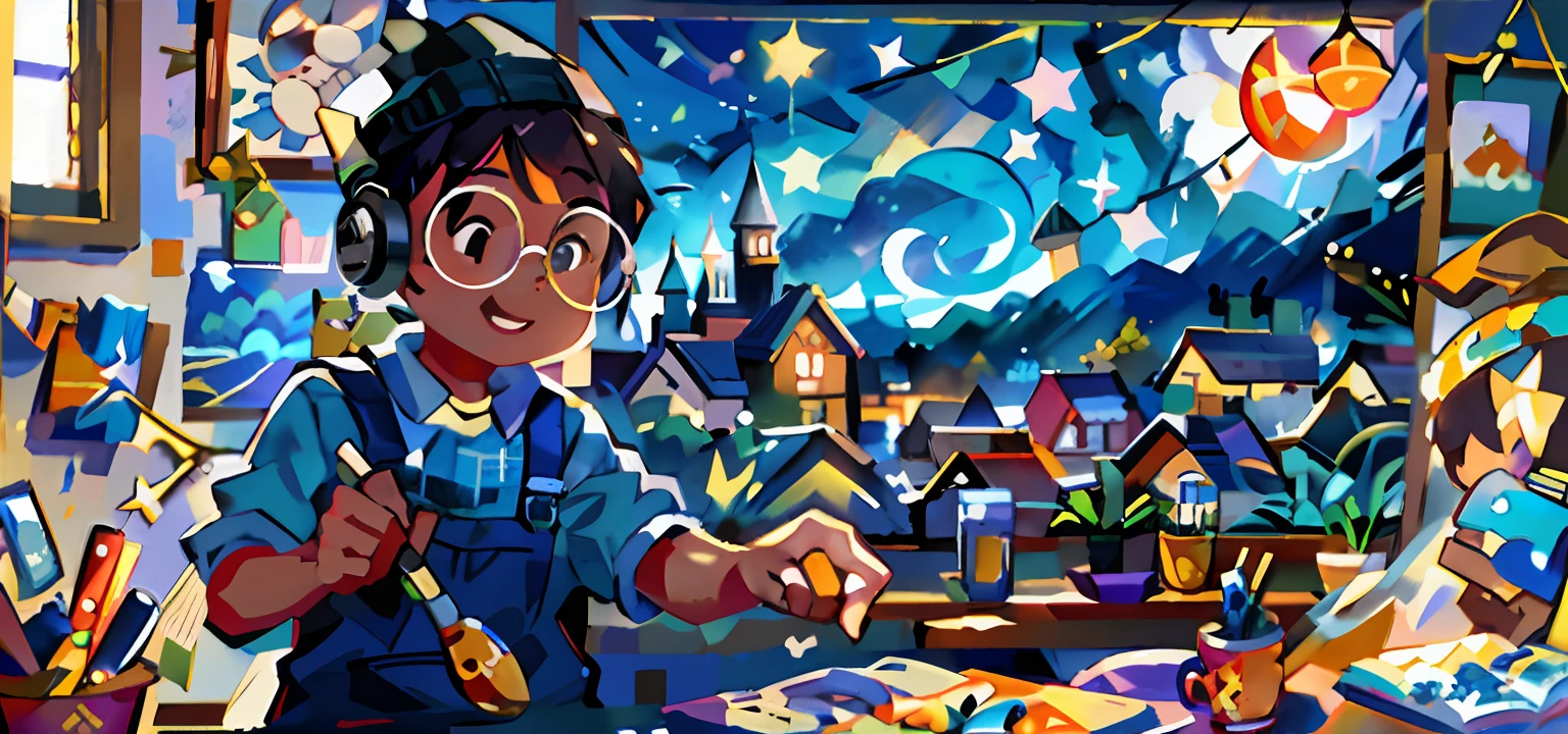 A black boy, round glasses, apron, painter, holding a brush, beanie, headphones, painting, happy, happy, perfect quality, clear focus (clutter - house: 0.8), (masterpiece: 1.2) (realistic: 1.2) (bokeh) (best quality) (detailed skin: 1.3) (intricate details) (8K) (detail eyes) (sharp focus), (happy), in the background Van Gogh's starry night, starry night painting, beautiful UHD art 4 k, Starry Night, by Van Gogh, Starry Night!!!!!!!!!!!!!!!!!!!!, painting by Van Gogh