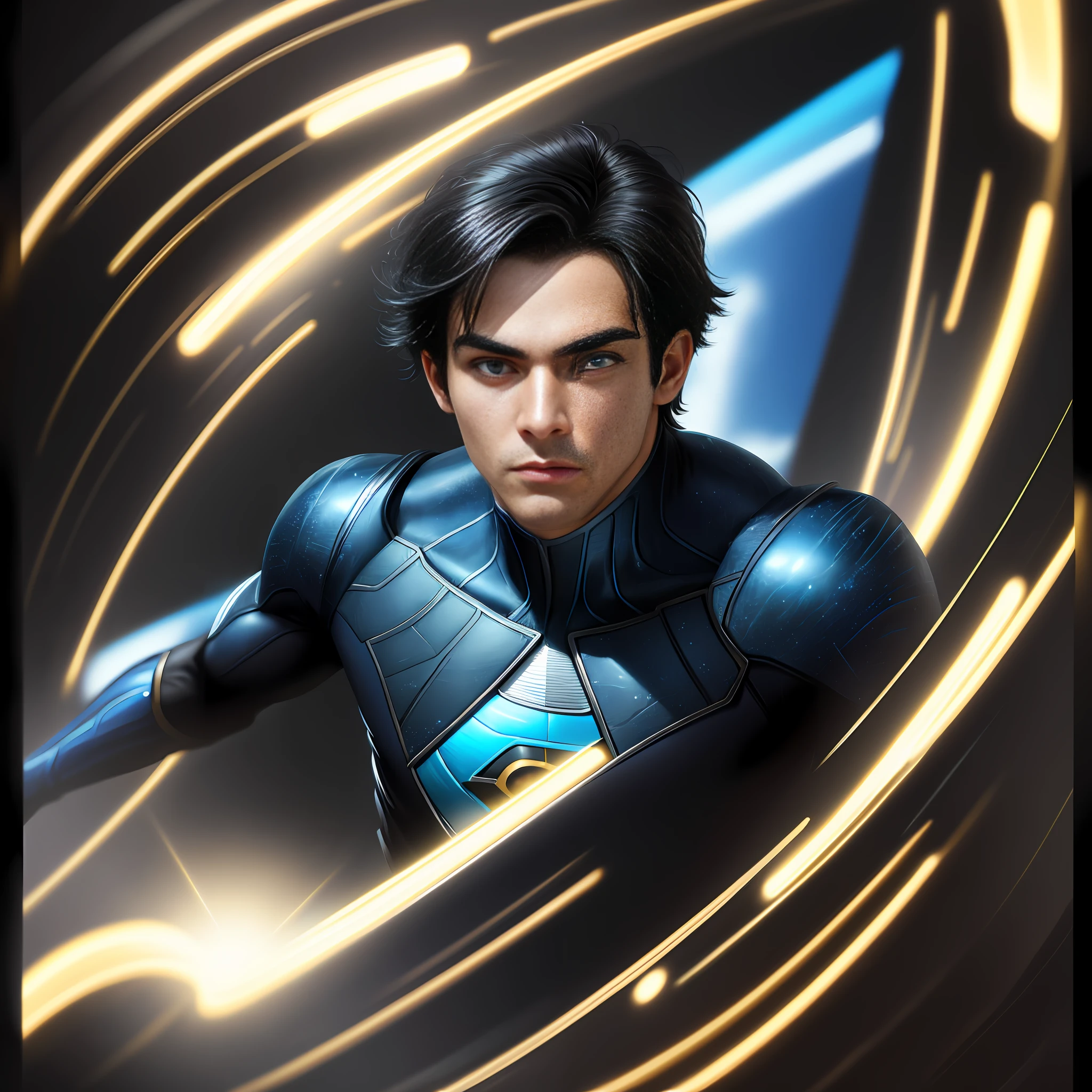 A young man, solo, black hair and vibrant blue eyes, wearing blue gold and black superhero costume, full body in new york, 3d, ultra realistic, detailed, background with detailed and complex distant earth planet, highly detailed skin, realistic skin details, visible pores, sharp focus, volumetric mist, 8k uhd, dslr, high quality, film grain,  fair skin, photorealism, lomography,bottom view