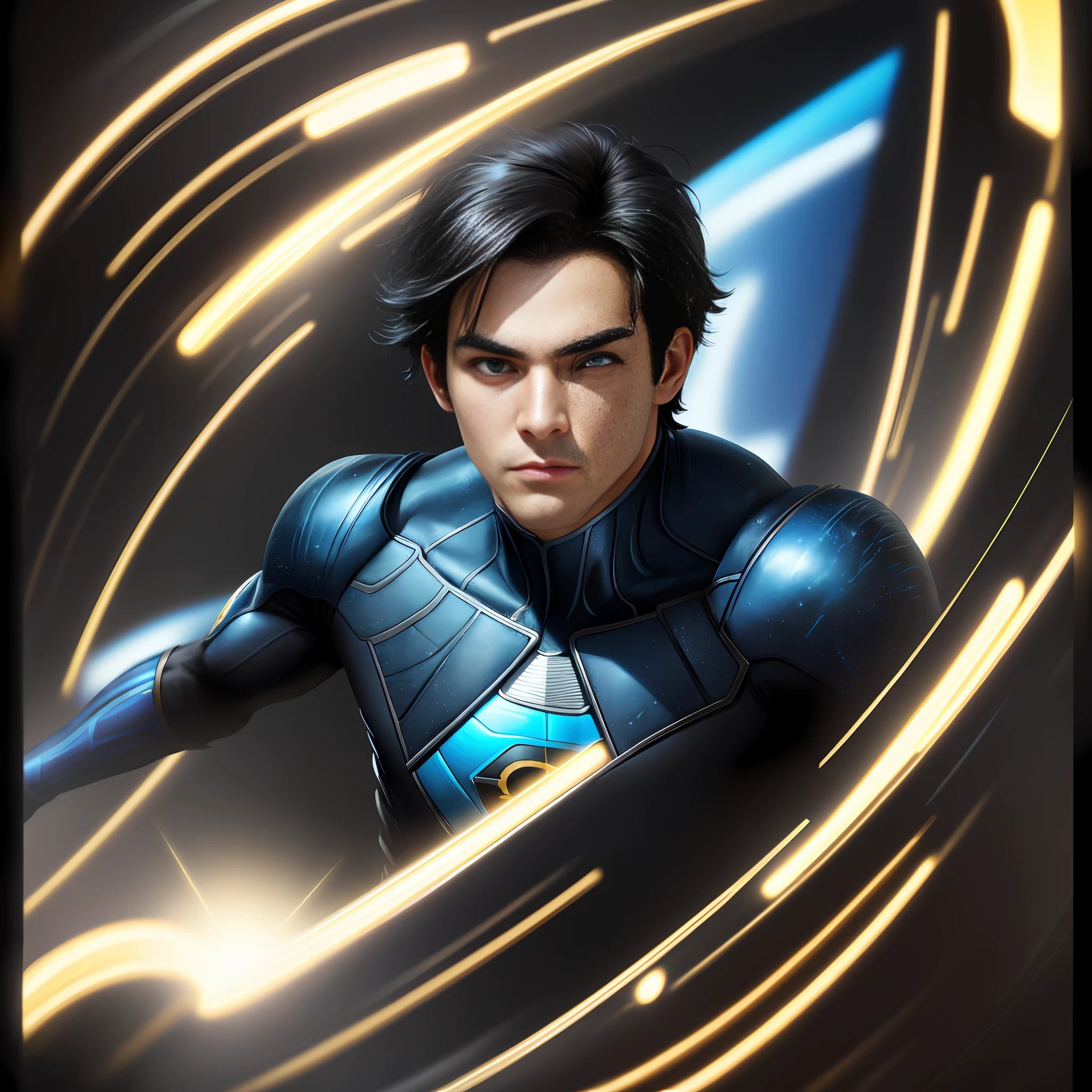 A young man, solo, black hair and vibrant blue eyes, wearing blue gold and black superhero costume, full body in new york, 3d, ultra realistic, detailed, background with detailed and complex distant earth planet, highly detailed skin, realistic skin details, visible pores, sharp focus, volumetric mist, 8k uhd, dslr, high quality, film grain,  fair skin, photorealism, lomography,bottom view