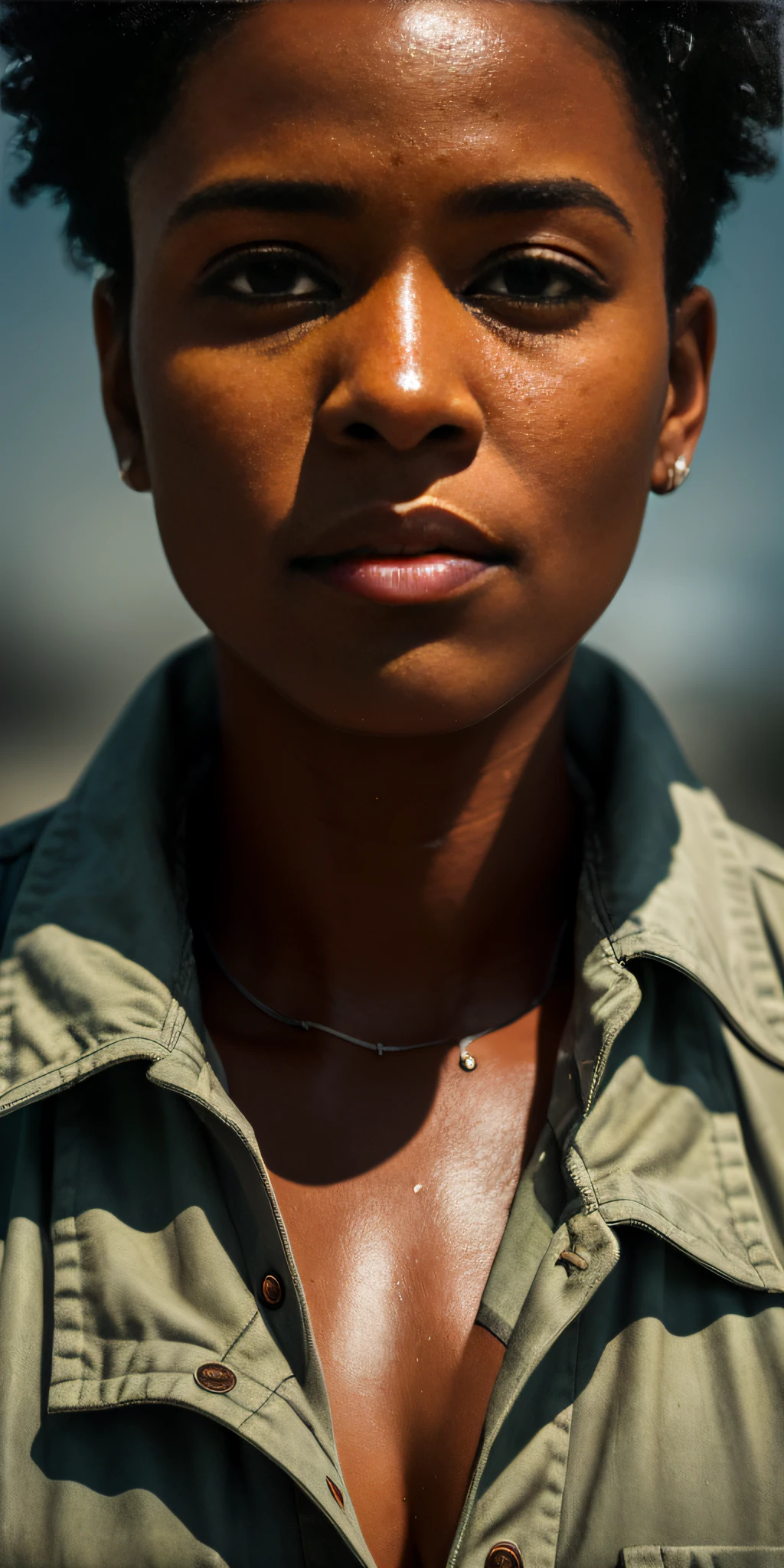 2076 AD devastated urban decay, (a black woman hunter walking cautiously, clothes torn, boots dirty), full body, zombie-infested city, f1.0 lens, tilt change, shallow DOF. light-dark dramatic lighting, a photorealistic portrait, detailed symmetrical realistic face, natural skin texture, extremely detailed skin with skin pores, peach fuzz, masterpiece, absurdities, Lee Jeffries award-winning photo, nikon d850 film photography, kodak portra 400 camera f1.6 lens, extremely detailed, amazing, fine details, rich colors, hyper realistic texture, dramatic lighting,  irrealengine, trend in artstation, cinestill 800 tungsten, looking at the viewer, realistic photo, RAW photo, TanvirTamim, high quality, high resolution, sharp focus, extremely detailed, cinematic lighting, 8k uhd