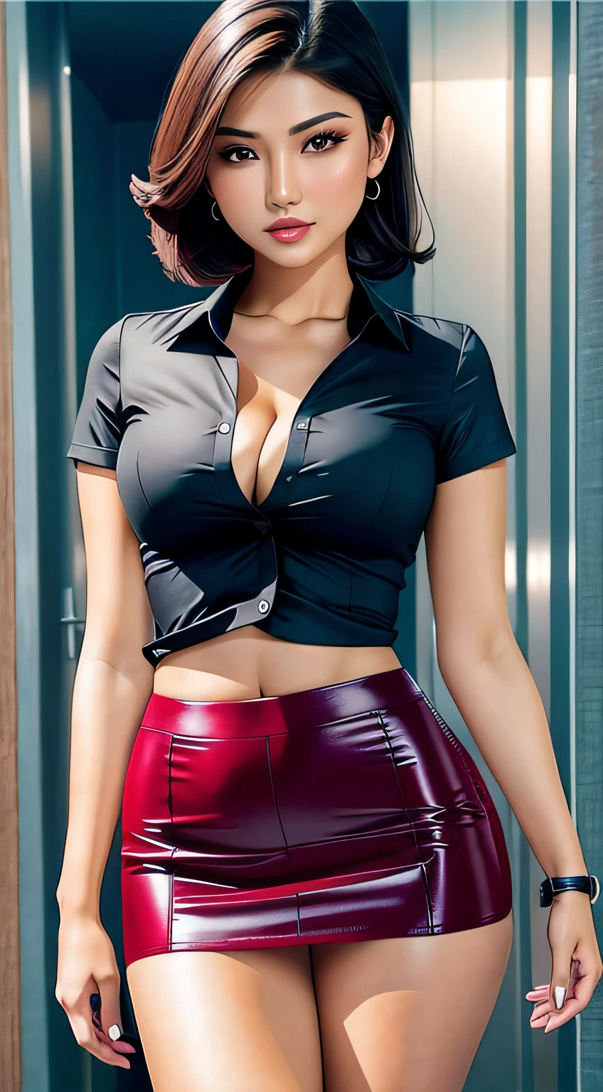 seductive modern uzbek model, wearing tight office shirt and short skirt, perfect body, busty, smooth skin, short hair, realistic ray light