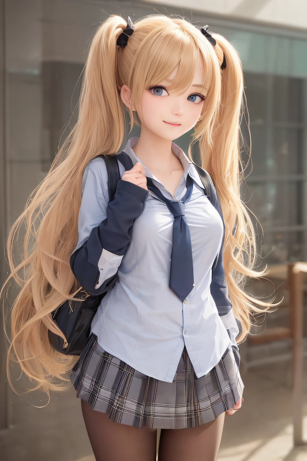 akizuki airi. oni chichi, masterpiece, best quality, super detailed, illustration, flat color, depth of field,
1 girl, young, anime, standing, school, full-length, blonde, twintails, looking at the viewer, red pleated miniskirt, wet white button-down shirt, school uniform, serafuku, blue tie, no bra, black tights, small backpack, detailed leather texture, detailed fabric texture, beautiful detailed face, big breasts, blue eyes, pregnant, tired, easy smile