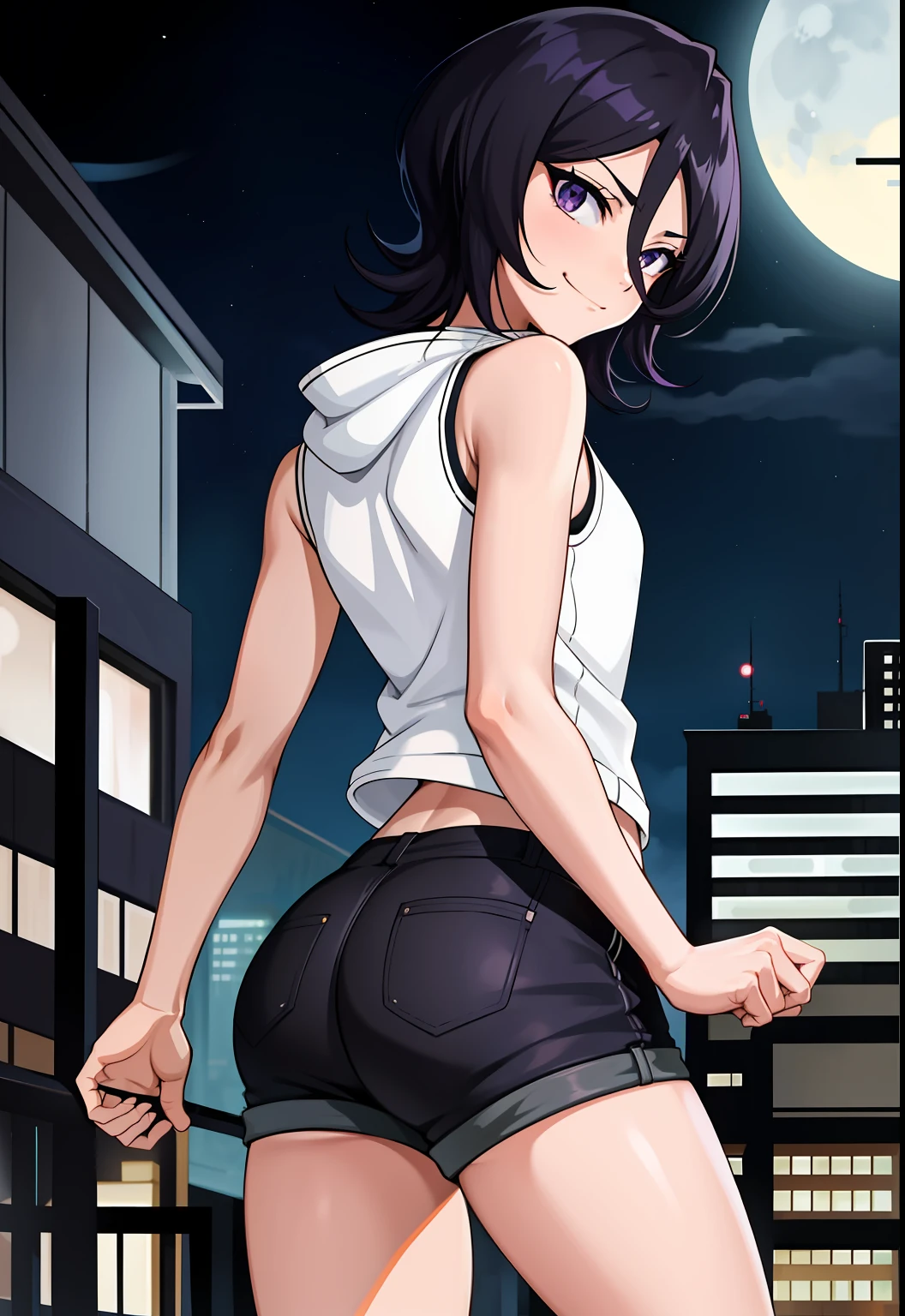 anime screencap, night city, moon, 1girl, solo, short hair, black hair, purple eyes, looking at the viewer, hair between eyes, cowboy shot, back, closed mouth, smirk, walking, looking back, sweatshirt, sleeveless, shorts, bare legs, chubby legs, big ass,