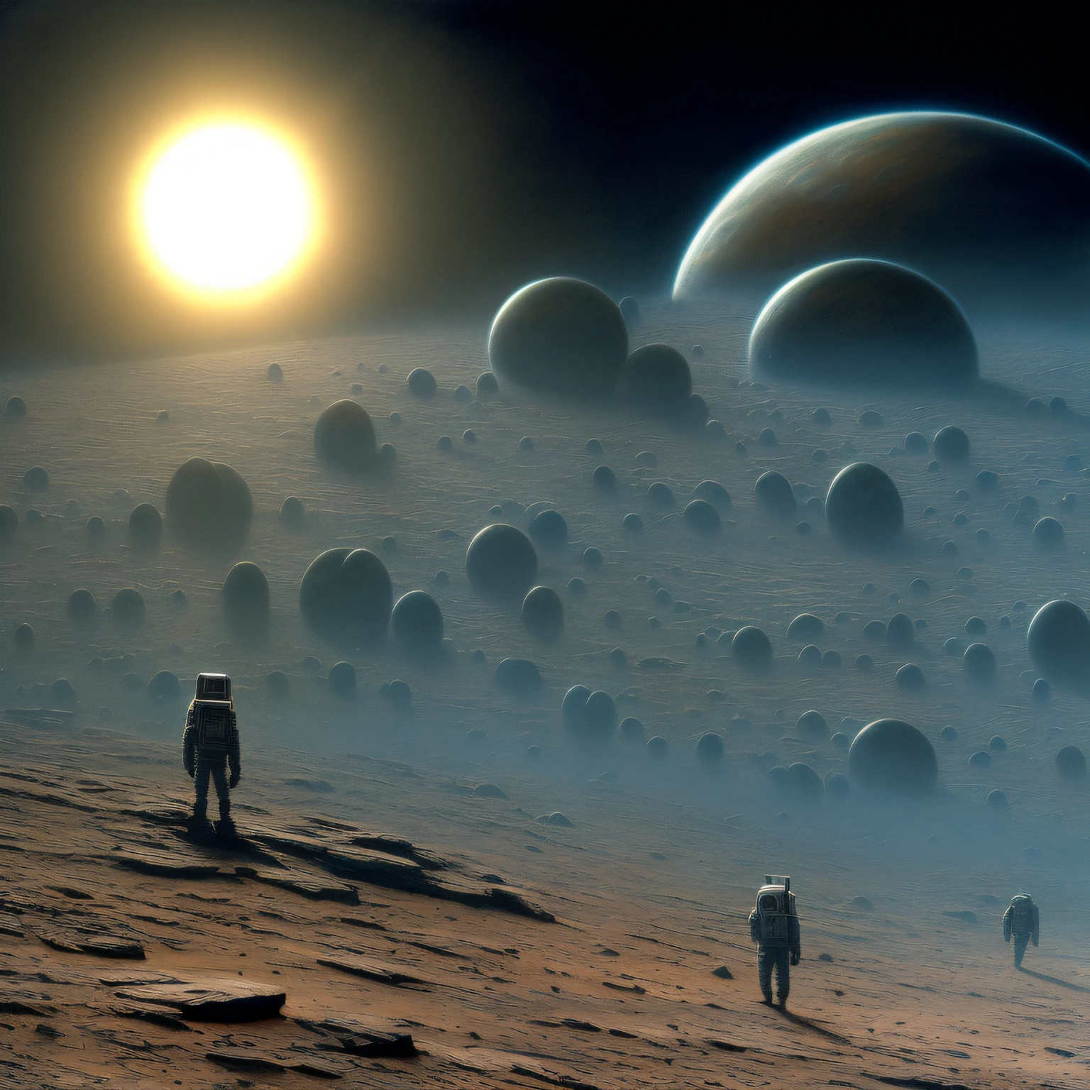 (Drawing:1.3) of,(Lonely:1) human astronauts discover an alien architecture on mars, sun glare,(by Artist Zdzislaw Beksinski:1),(Vaporwave Art:1)