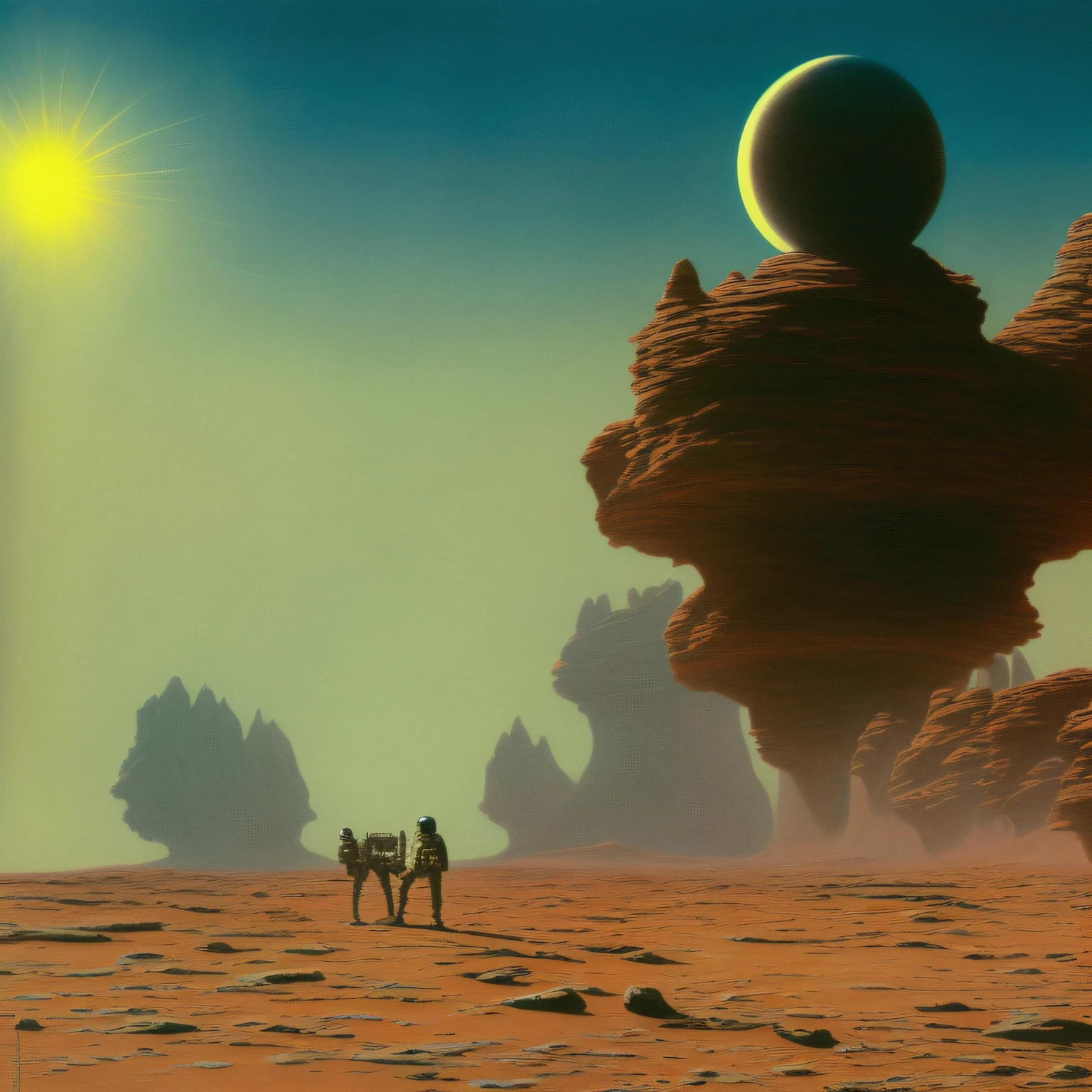 (Drawing:1.3) of,(Lonely:1) human astronauts discover an alien architecture on mars, sun glare,(by Artist Zdzislaw Beksinski:1),(Vaporwave Art:1)