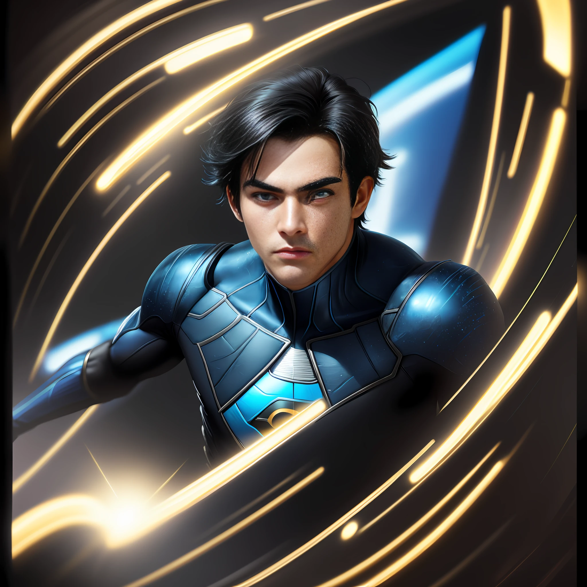 A young man, solo, black hair and vibrant blue eyes, wearing blue gold and black superhero costume, full body in new york, 3d, ultra realistic, detailed, background with detailed and complex distant earth planet, highly detailed skin, realistic skin details, visible pores, sharp focus, volumetric mist, 8k uhd, dslr, high quality, film grain,  fair skin, photorealism, lomography,bottom view