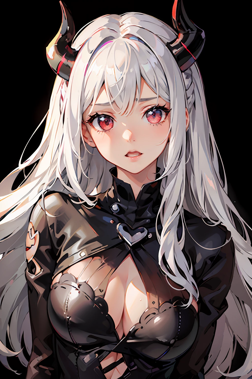 Anime girl with horns and a black top, perfect white hair girl, girl with white hair, tifa lockhart with white hair, cyborg - girl with silver hair, extremely detailed artgerm, white hair deity, IG model | artgerm, digital anime illustration, white hair lady, digital anime detailed art, white hair, white hair, open mouth, blush on the cheeks, cry