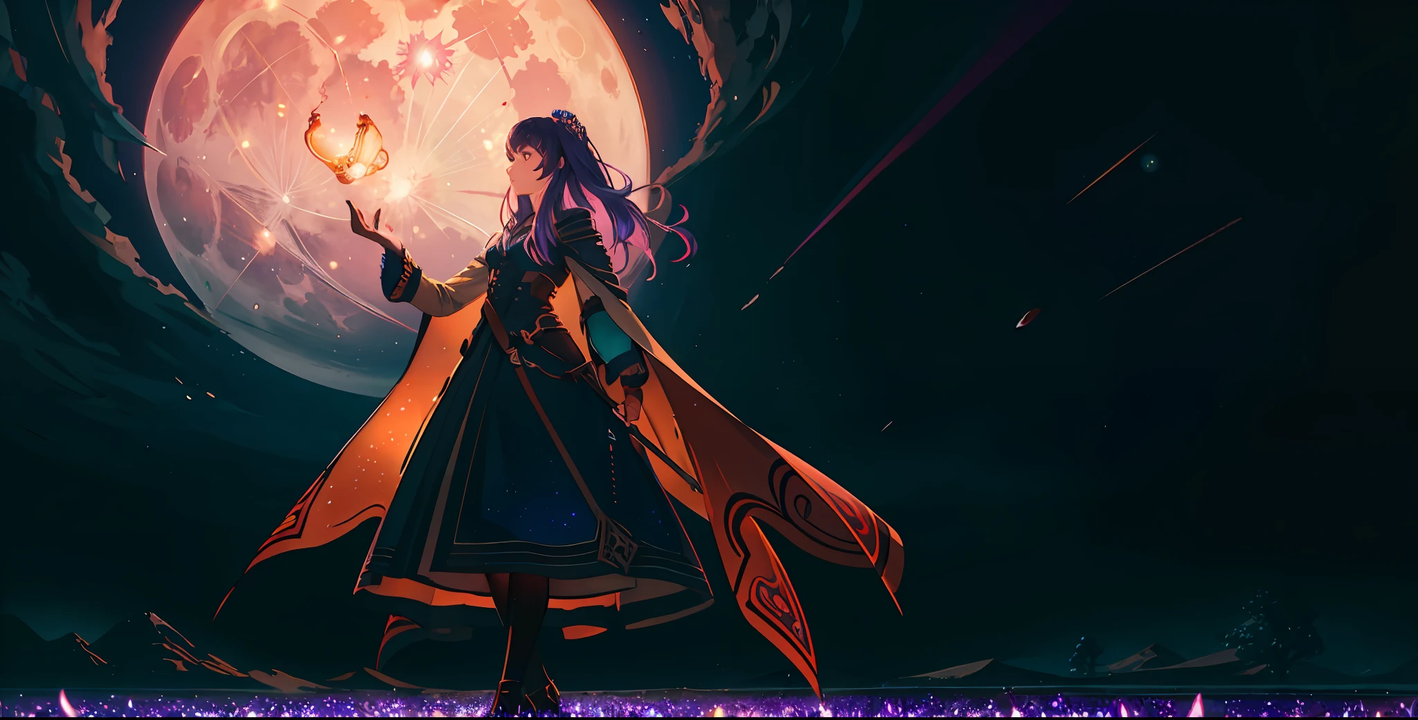 expansive landscape photograph , (a view from below that shows sky above and open field below), a girl standing on flower field looking up, (full moon:1.2), ( shooting stars:0.9), (nebula:1.3), distant mountain, tree BREAK
production art, (warm light source:1.2), (Firefly:1.2), lamp, lot of purple and orange, intricate details, volumetric lighting, realism BREAK
(masterpiece:1.2), (best quality), 4k, ultra-detailed, (dynamic composition:1.4), highly detailed, colorful details,( iridescent colors:1.2), (glowing lighting, atmospheric lighting), dreamy, magical, (solo:1.2)