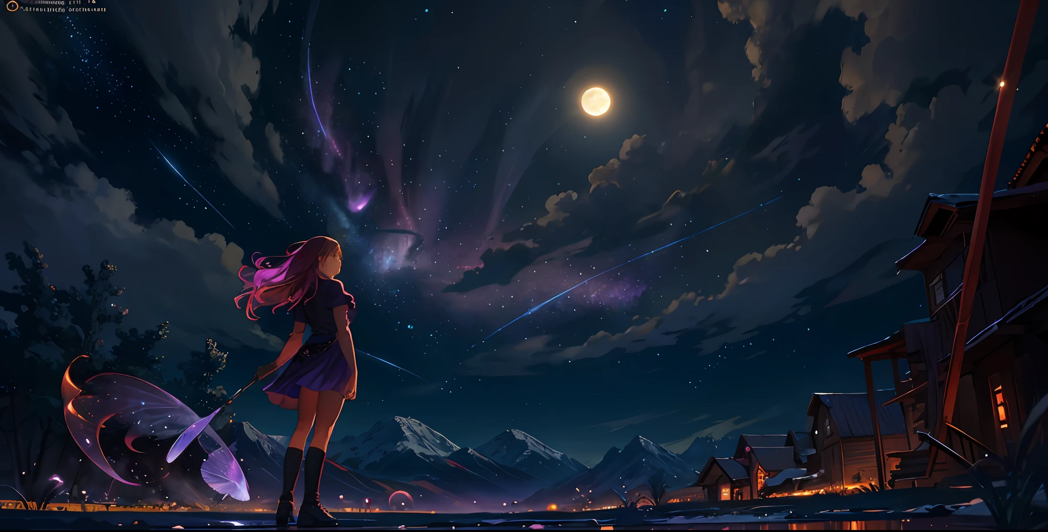 expansive landscape photograph , (a view from below that shows sky above and open field below), a girl standing on flower field looking up, (full moon:1.2), ( shooting stars:0.9), (nebula:1.3), distant mountain, tree BREAK
production art, (warm light source:1.2), (Firefly:1.2), lamp, lot of purple and orange, intricate details, volumetric lighting, realism BREAK
(masterpiece:1.2), (best quality), 4k, ultra-detailed, (dynamic composition:1.4), highly detailed, colorful details,( iridescent colors:1.2), (glowing lighting, atmospheric lighting), dreamy, magical, (solo:1.2)