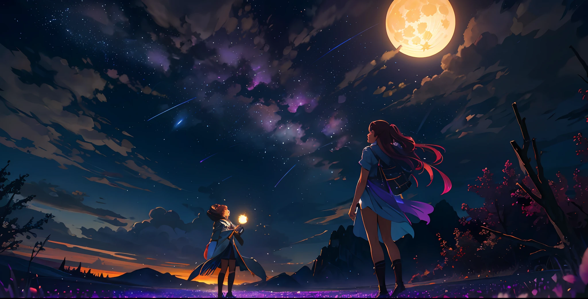 expansive landscape photograph , (a view from below that shows sky above and open field below), a girl standing on flower field looking up, (full moon:1.2), ( shooting stars:0.9), (nebula:1.3), distant mountain, tree BREAK
production art, (warm light source:1.2), (Firefly:1.2), lamp, lot of purple and orange, intricate details, volumetric lighting, realism BREAK
(masterpiece:1.2), (best quality), 4k, ultra-detailed, (dynamic composition:1.4), highly detailed, colorful details,( iridescent colors:1.2), (glowing lighting, atmospheric lighting), dreamy, magical, (solo:1.2)