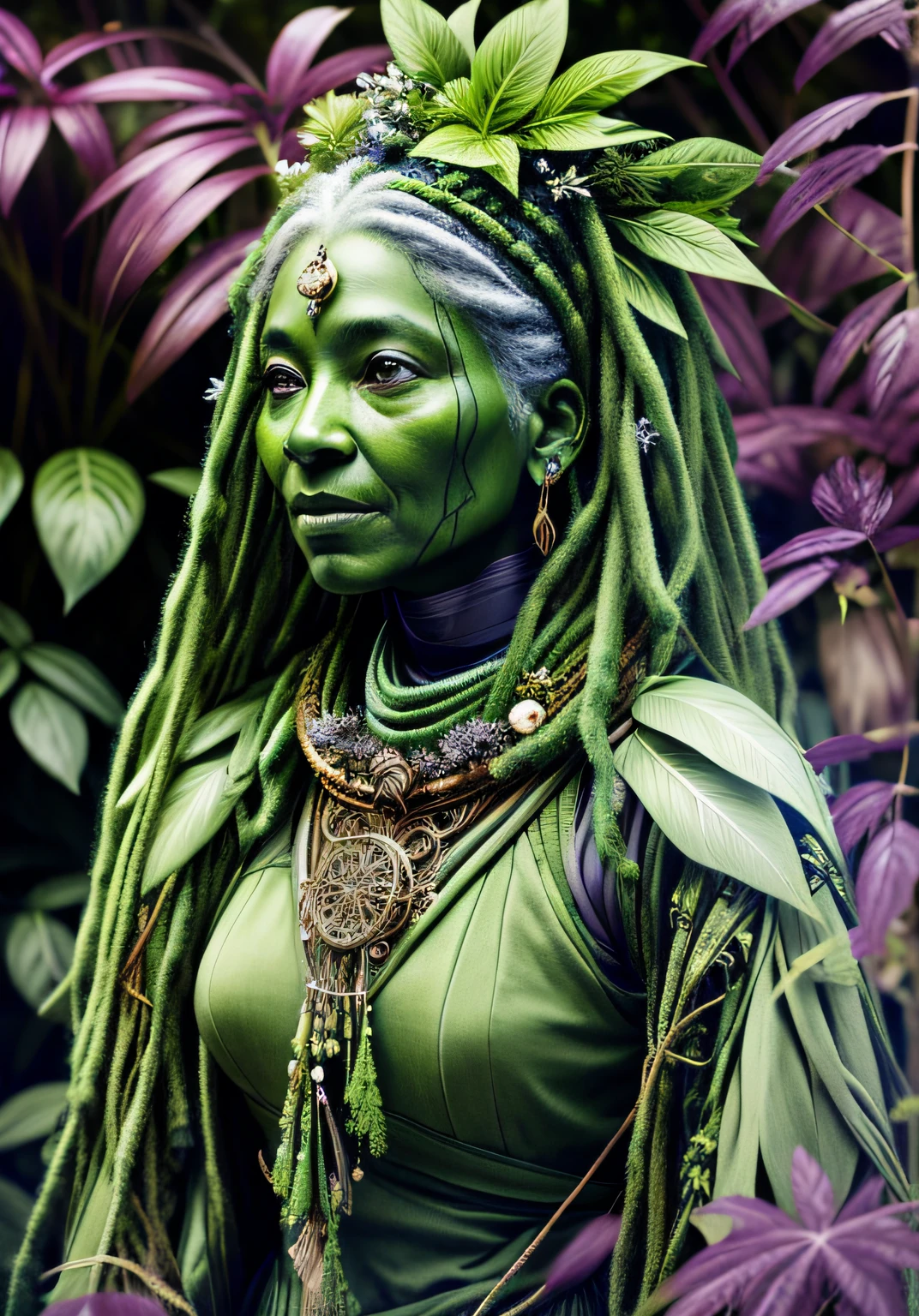 a closeup of an old woman with dreadlocks and a green dress, woman made of plants, old woman, green colored skin, green skin, intricate, nature goddess, skin of leaves armor dryad forest, some blue leaves, shades of blue, forest goddess, wrinkles on face, gentle look, old female druid, green face, green skin, mythology of the earth goddess, green colored skin, dry forest, green skin, realistic, ultra-detailed, high fantasy, render 8k