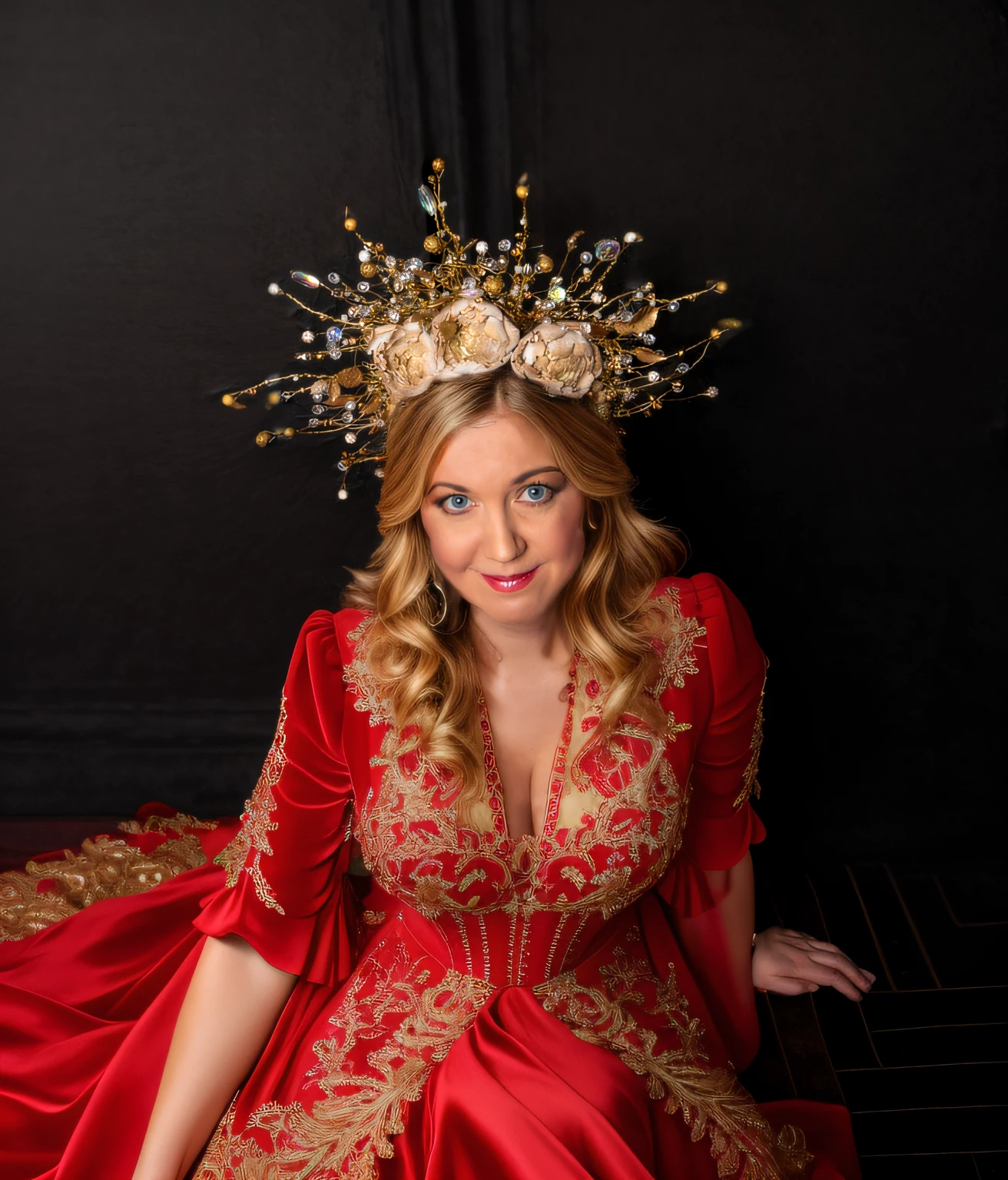 RAW photo, analog , nikon d850 film stock photograph, sharp focus, , 8k uhd,high quality, highres, wonderful woman, elegant woman wearing red ornate dress with golden lace, professional studio lighting, extremely detailed blonde wavy hair, shiny sharp hair, messy hair over shoulders,long hair, gorgeous hair, Ornate Luxury Dress, Lace fashion dress, hyper realistic lifelike texture hairstyle, beautiful shaded, extremely detailed , fine detail , a photorealistic extremely detailed natural texture, realistic shaded, background is a textured wall, photo realistic, extremely detailed, gradient light background, beautiful breasts, beautiful shoulders , ,simple black background beautiful composition, harmonious composition, beautiful portrait, trending on artstation, cgsociety, deviantart,