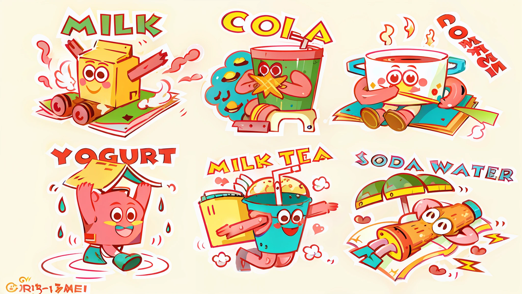 Various drinks and drinks cartoon character cocktail, milk tea, beer crayfish, sticker illustration, sticker illustration, cold drink, sticker design, sticker concept design, color milk tea, milk, sticker, cute illustration, sticker page, unused sticker page, funny illustration, drink, sticker design vector art, Kim Jong-hui, telegram sticker design, color illustration, color caricature style, sticker art