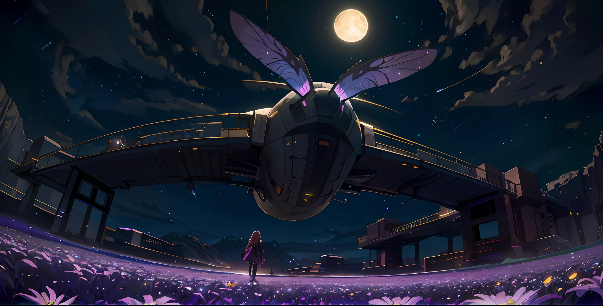 expansive landscape photograph , (a view from below that shows sky above and open field below), a girl standing on flower field looking up, (full moon:1.2), ( shooting stars:0.9), (nebula:1.3), distant mountain, tree BREAK
production art, (warm light source:1.2), (Firefly:1.2), lamp, lot of purple and orange, intricate details, volumetric lighting, realism BREAK
(masterpiece:1.2), (best quality), 4k, ultra-detailed, (dynamic composition:1.4), highly detailed, colorful details,( iridescent colors:1.2), (glowing lighting, atmospheric lighting), dreamy, magical, (solo:1.2)