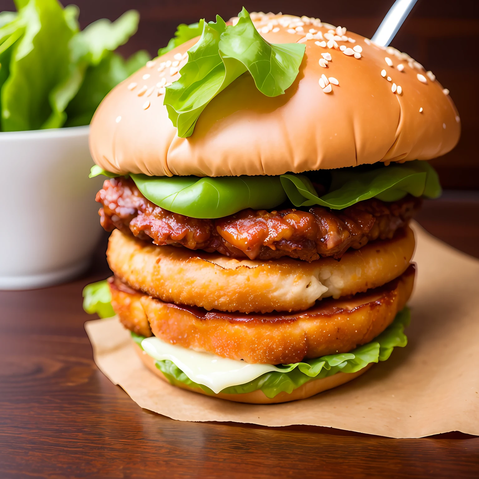best quality, ultra high res, (photorealistic:1.4), ultra-detailed,incredibly detailed, foil package, big mac, fried meat, wet lettuce, melting cheese,