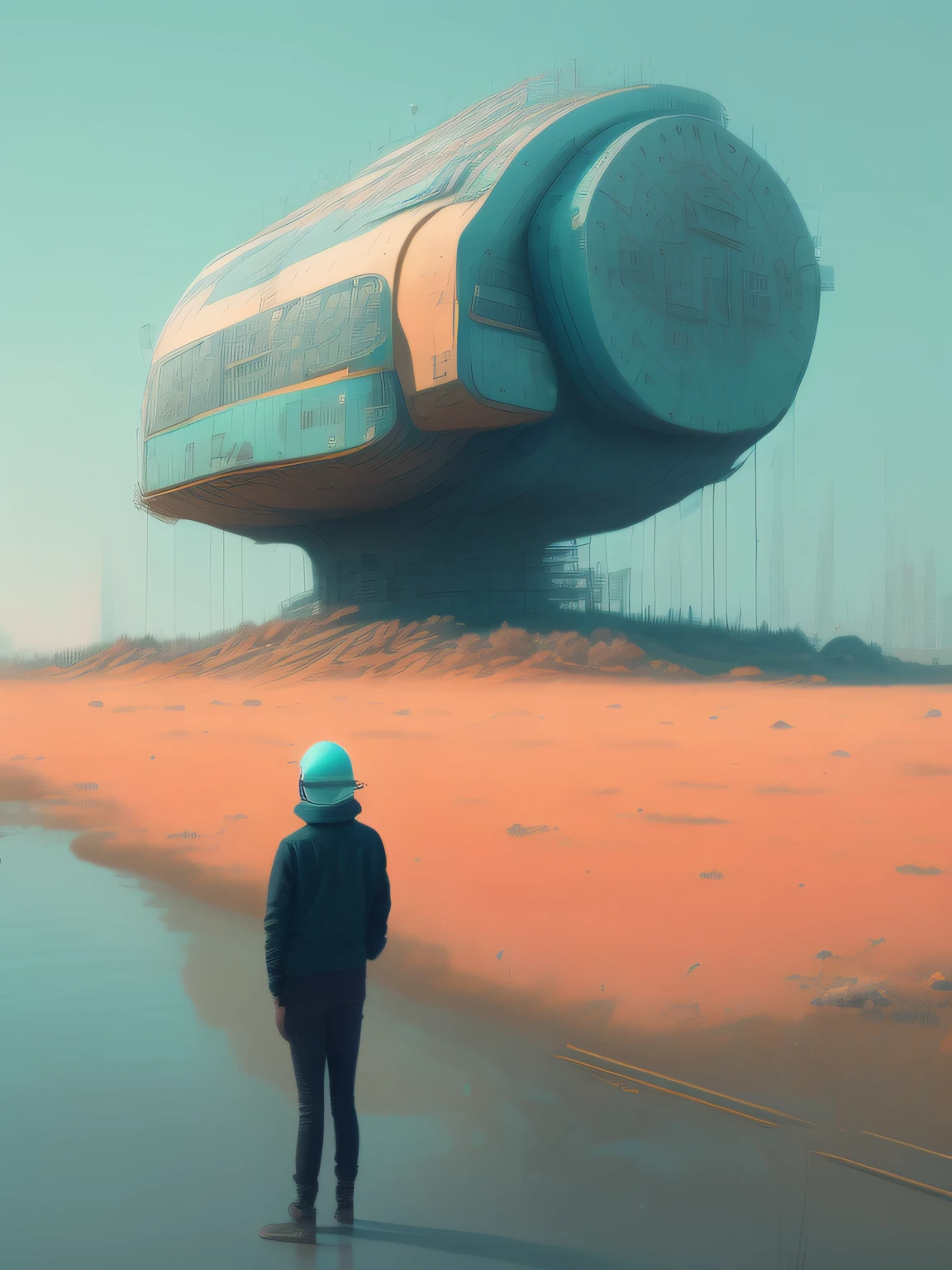 engineer looks at the colossal futuristic building in moscow by simon stalenhag,