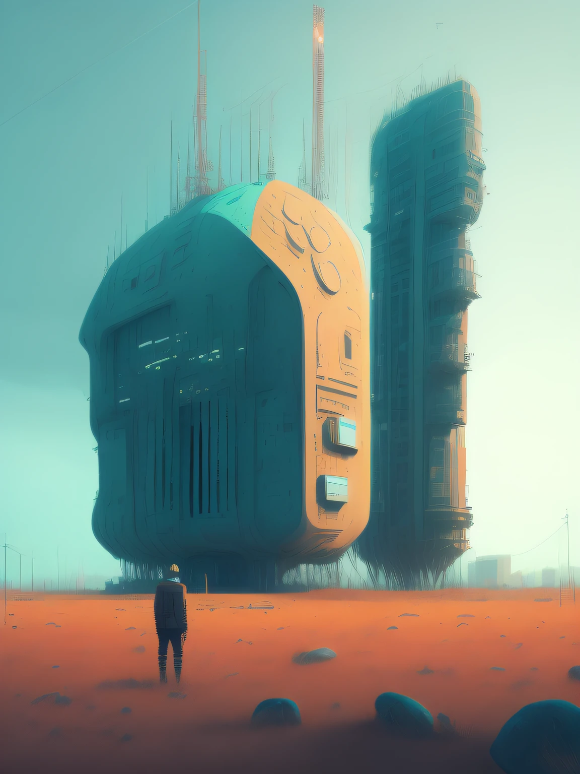 engineer looks at the colossal futuristic building in moscow by simon stalenhag,