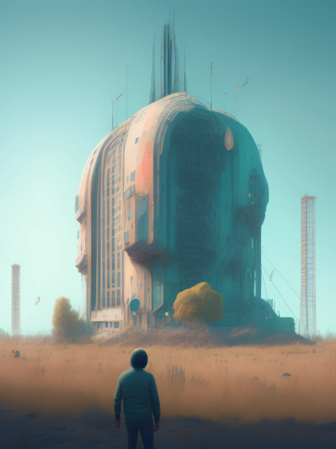 engineer looks at the colossal futuristic building in moscow by simon stalenhag,