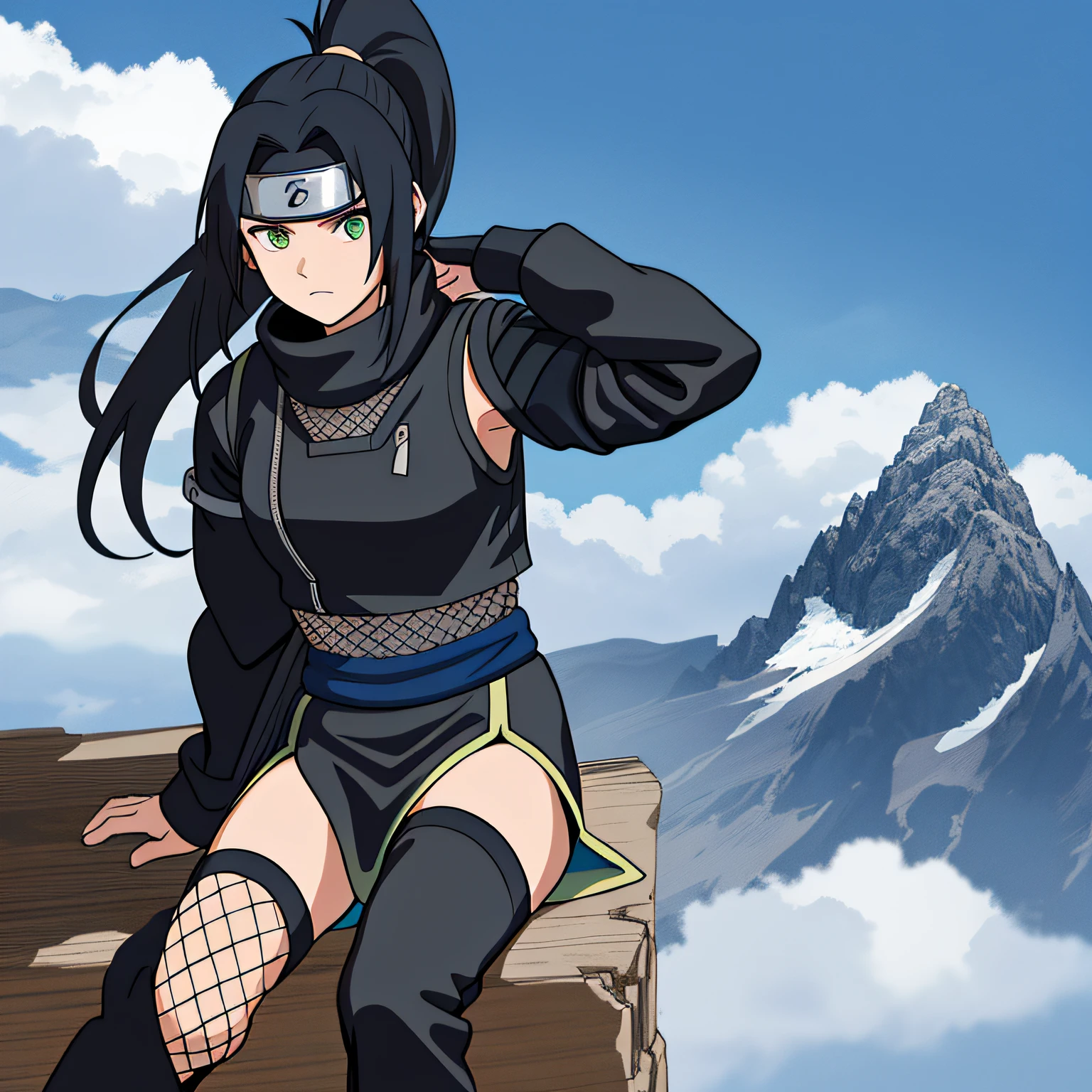 best quality, extremely detailed, 1girl, shinobi, kunoichi, shinobi, ninja, female focus, sitting perched atop a building, (dynamic angle, dynamic composition) black_hair, extremely long hair, ponytail, green_eyes, grey short coat with fur collar, fishnet undergarments, black crop top, ((forehead protector)) ((village)), surrounded by mountains, blue sky, clouds