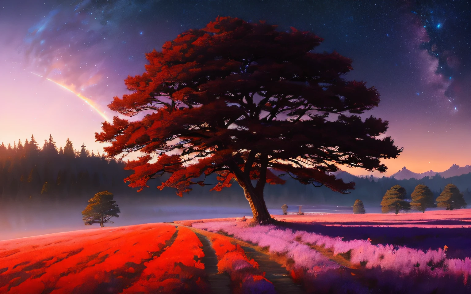 (Very detailed CG unity 8k wallpaper), panoramic photos of the most beautiful artworks on the surface of the alien planet, purple sky, red meadow, red trees, stars in the background, nebula, moon, professional majestic oil painting by Ed Blinkey, Atey Ghailan, Studio Ghibli, by Jeremy Mann, Greg Manchess, Antonio Moro, Trends on ArtStation, CGSociety On trends, intricacies, high detail, clear focus, dramatic, realistic painting art, by Midjourney and Greg Rukowski