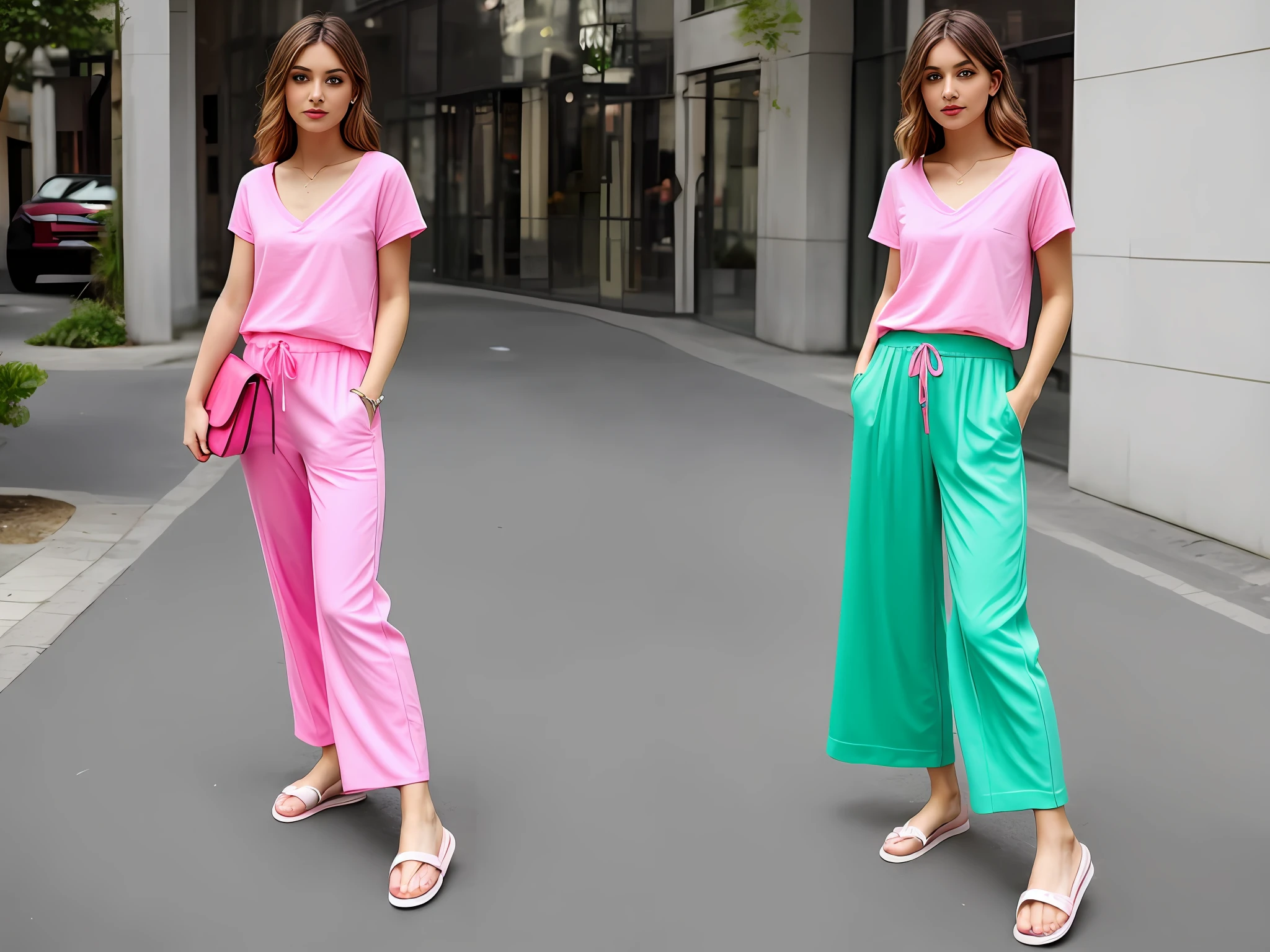 Pink loose V-neck T-shirt, green wide-leg pants, cute slippers, European woman.