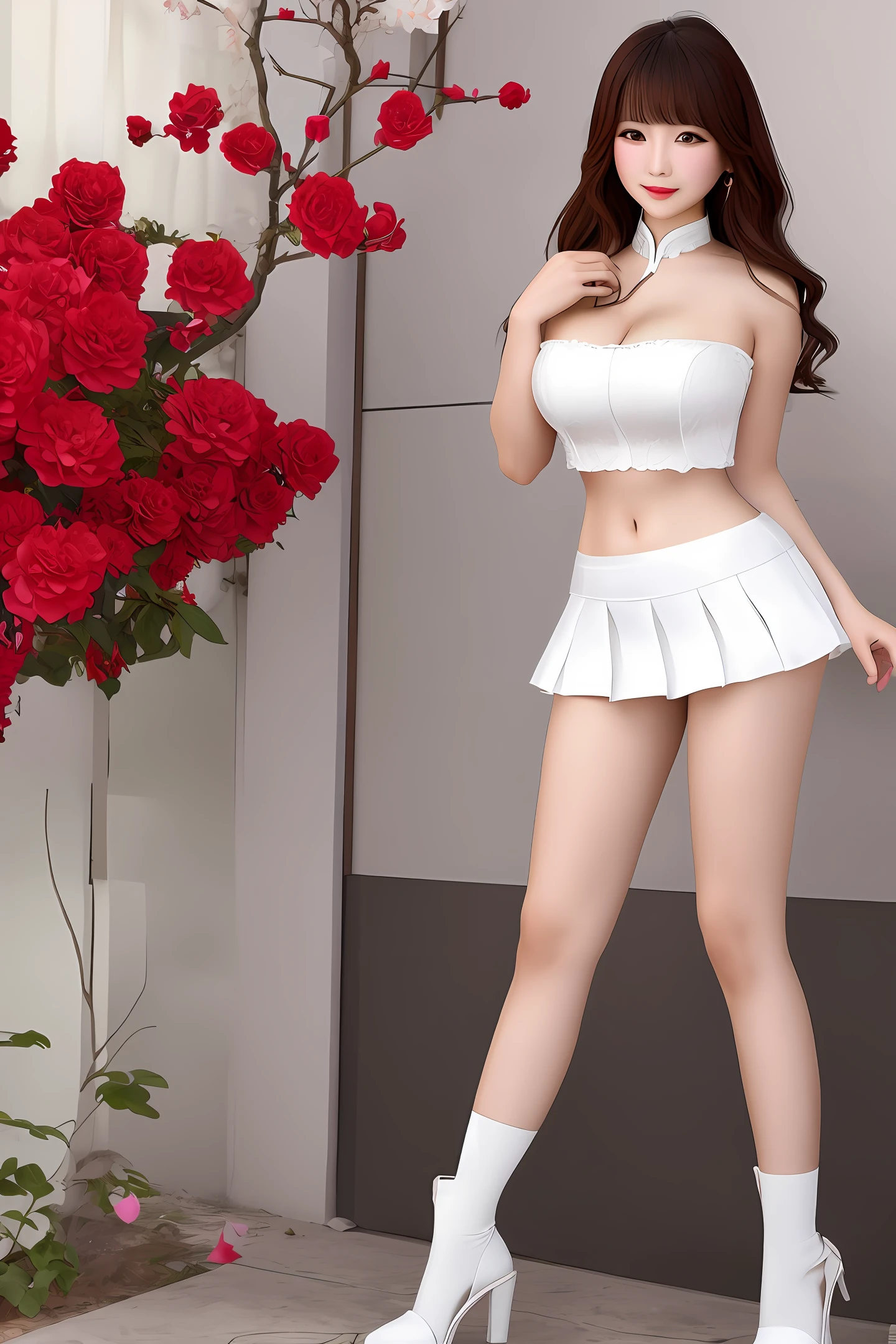 Chinese school flower royal sister, hip skirt, realism, strapless underwear, big breasts, white skin, highest quality, modern