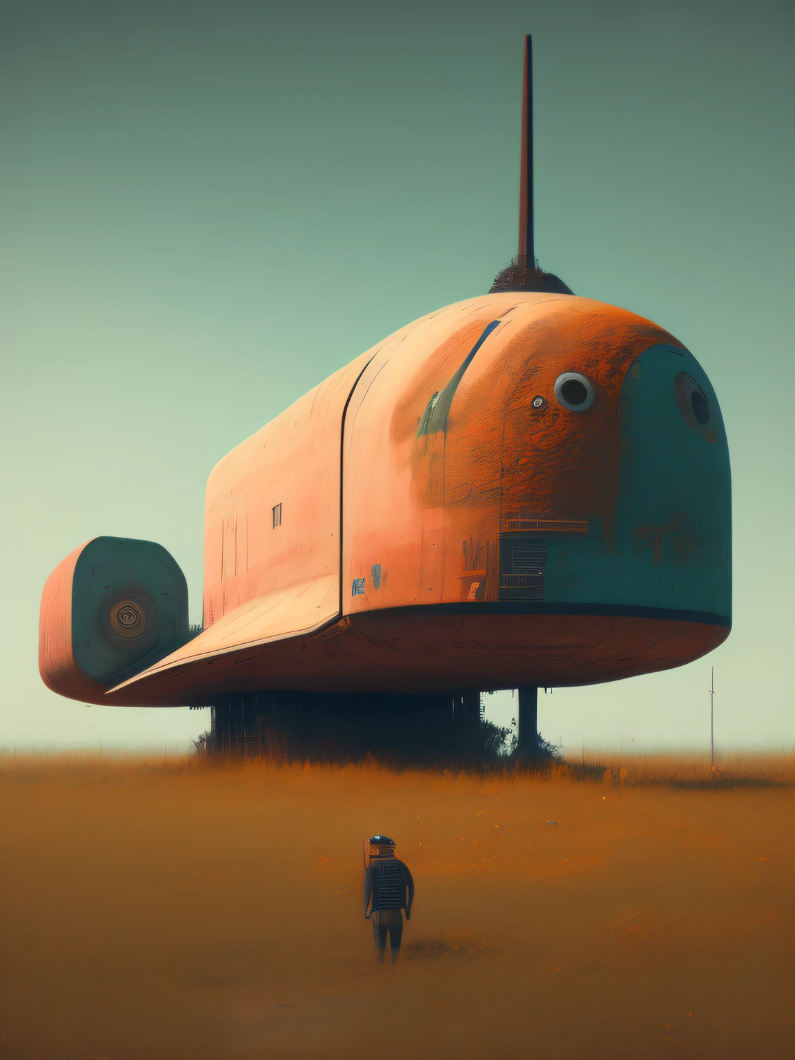space shuttle in field rusted, landscape village, people standing, photorealistic, Simon stalenhag style