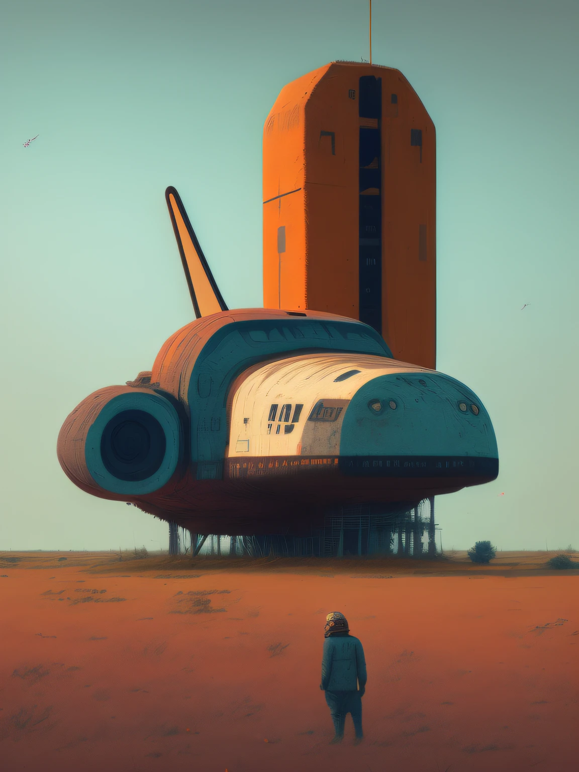 space shuttle in field rusted, landscape village, people standing, photorealistic, Simon stalenhag style