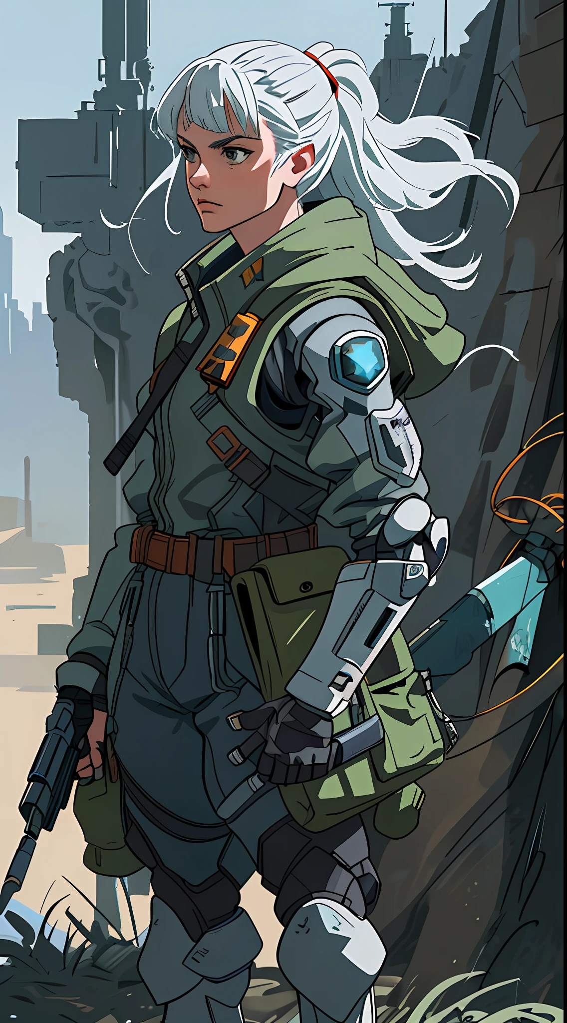 Close-up of a robot with a pistol and a weapon, concept art by a senior environmental artist, winner of the CGolite competition, Digital art, Metal Gear Solid concept art, Full Body concept art, Expert concept art with high detail, Concept art such as Ernest Halimov, FPS game concept art, Concept art, Craig Mullins style, Video game concept art, 8 thousand character concept art, Keirs, dwarves with white hair, in a "scout" exoskeleton made of technological materials, there are gadgets on her armor: a rangefinder, a pocket computer and a laser pistol, in her belt there are pockets for tools and gadgets, Keira is able to quickly repair her exoskeleton and other devices, she is an excellent shooter and has powerful claws on her hands, in the image Keir must be in a fighting pose, with a laser pistol in her hands, and her exoskeleton is painted silver and has rocket engines on her shoulders, Various gadgets and tools should be visible in the background