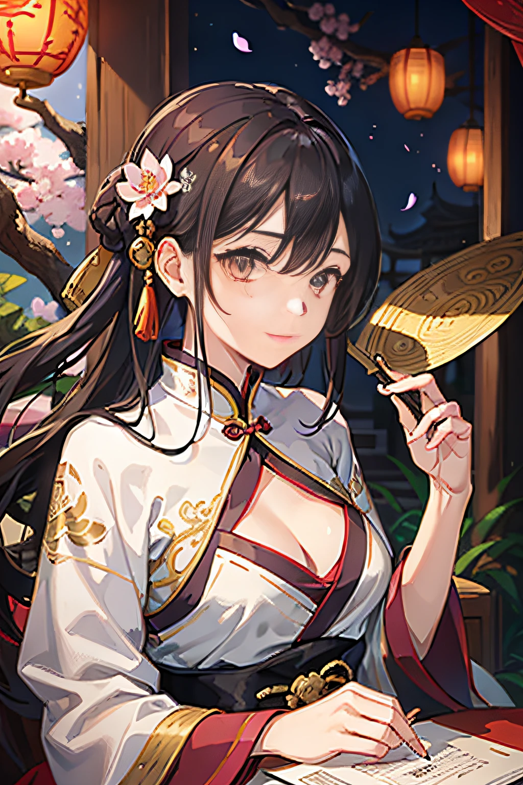 1 female poet, sitting, traditional Chinese courtyard, hands hidden in sleeves, flowing silk robe, poetic expression, holding bamboo scroll, holding ink pen in hand, elegant posture, gentle smile, decorated hairpin, lotus embroidery, wandering in blooming cherry blossoms, stone path, bonsai tree, tranquility, elegant movement, ink stone table, calligraphy brush, ancient architecture, red lantern, silhouette of distant mountains, (upper body: 1.2),