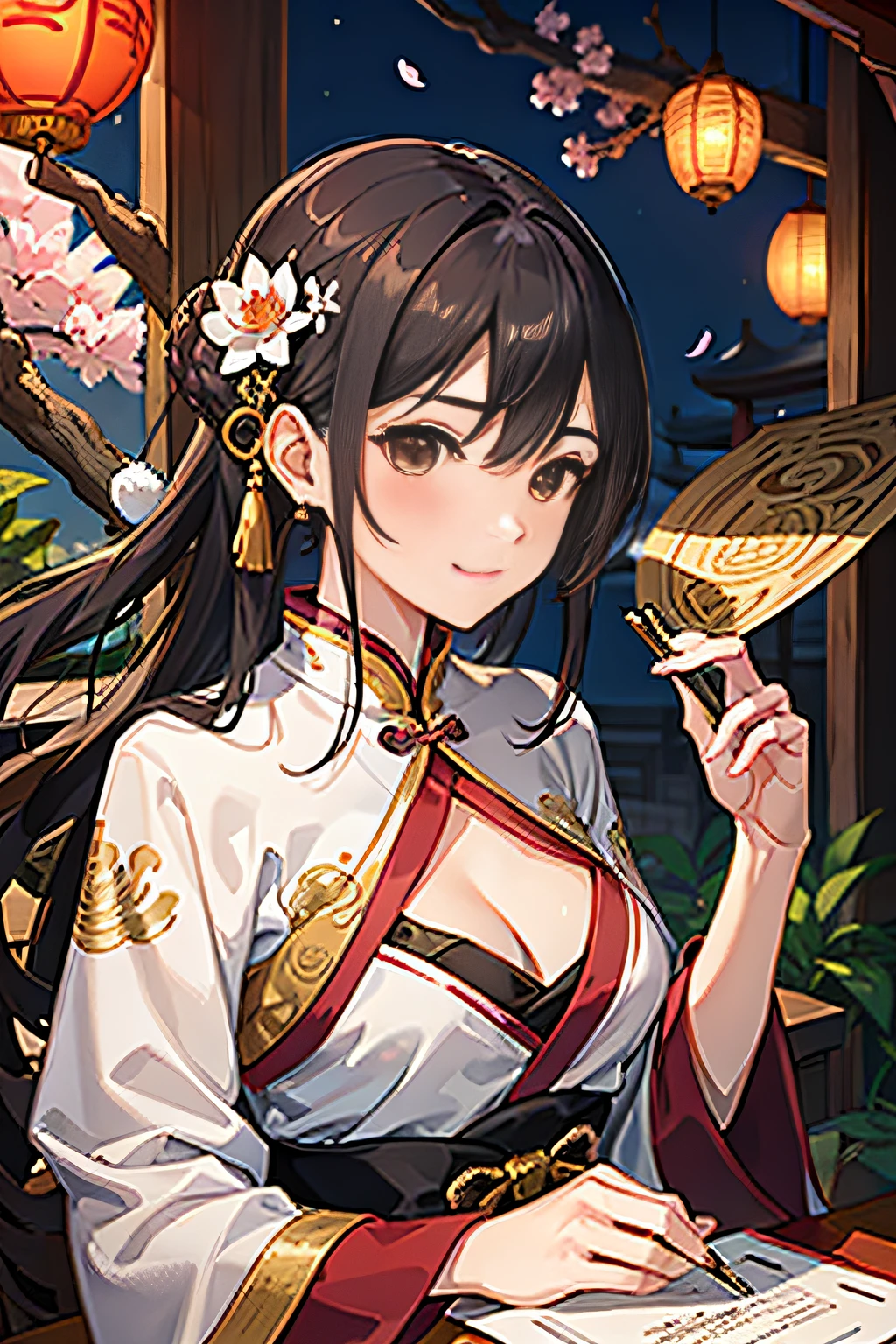 1 female poet, sitting, traditional Chinese courtyard, hands hidden in sleeves, flowing silk robe, poetic expression, holding bamboo scroll, holding ink pen in hand, elegant posture, gentle smile, decorated hairpin, lotus embroidery, wandering in blooming cherry blossoms, stone path, bonsai tree, tranquility, elegant movement, ink stone table, calligraphy brush, ancient architecture, red lantern, silhouette of distant mountains, (upper body: 1.2),
