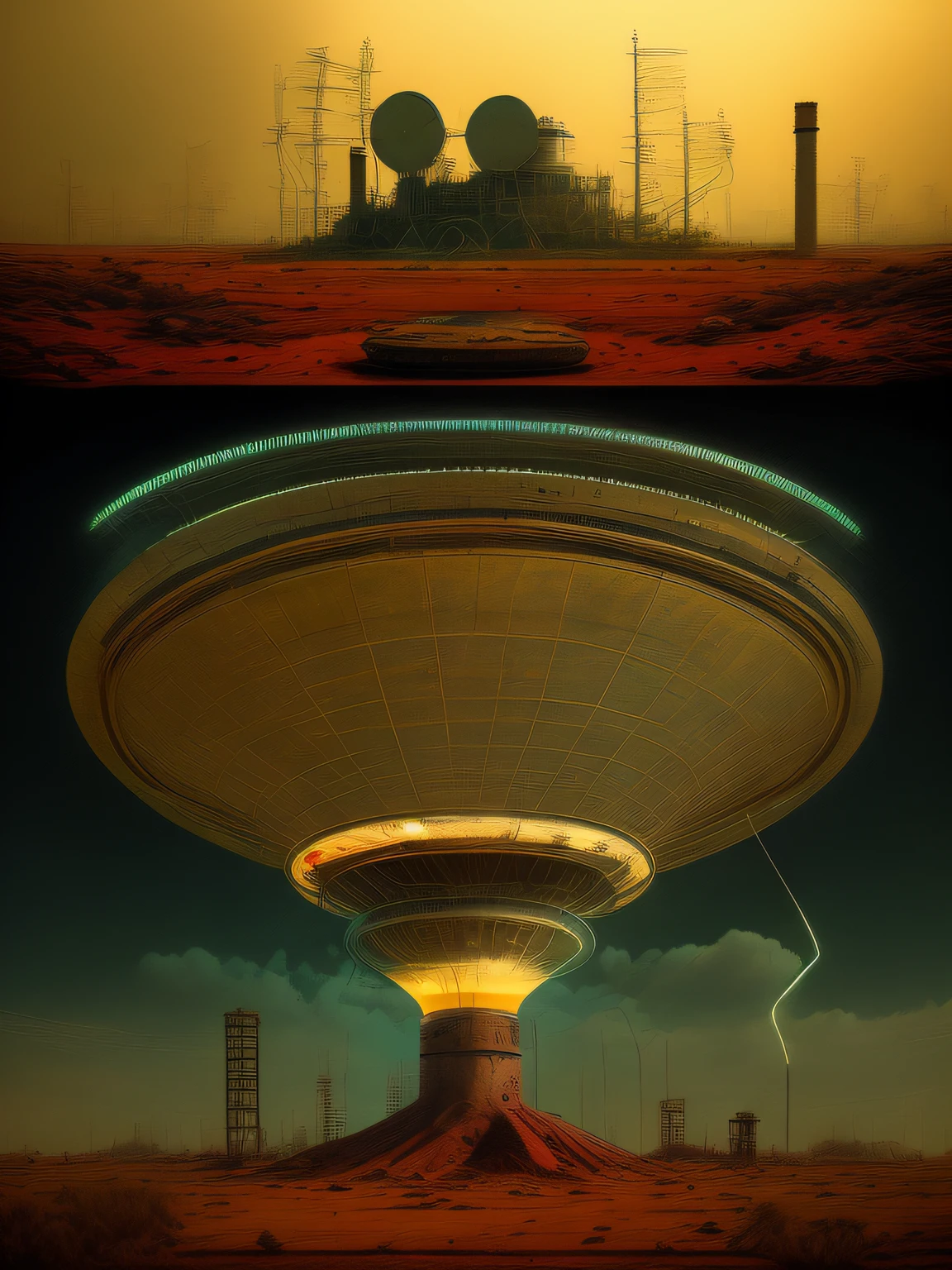 Generate a surreal landscape featuring a fusion of organic and mechanical elements, satellite discs, antennas, nuclear power, neon lights with a moody atmosphere, apocalyptic, dirty, rust, concrete, scratched metal and a hint of fantasy