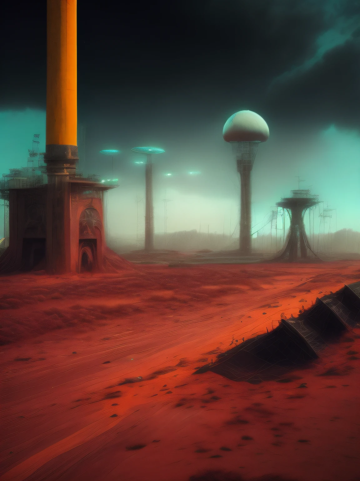 Generate a surreal landscape featuring a fusion of organic and mechanical elements, satellite discs, antennas, nuclear power, neon lights with a moody atmosphere, apocalyptic, dirty, rust, concrete, scratched metal and a hint of fantasy