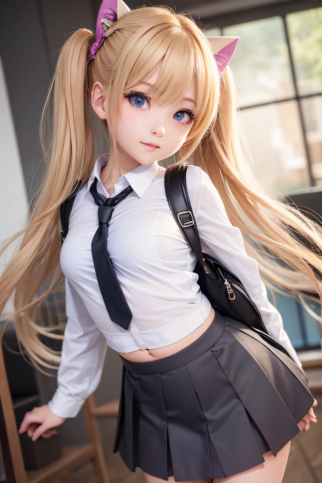 akizuki airi. oni chichi, masterpiece, best quality, super detailed, illustration, flat color, depth of field,
1 girl, young, anime, going home, full-length, blonde, twintails, looking at the viewer, red pleated miniskirt, wet white button-down shirt, school uniform, serafuku, blue tie, no bra, black tights, small backpack, detailed leather texture, detailed fabric texture, beautiful detailed face, big breasts, blue eyes, pregnant, tired, light smile, pink panties
