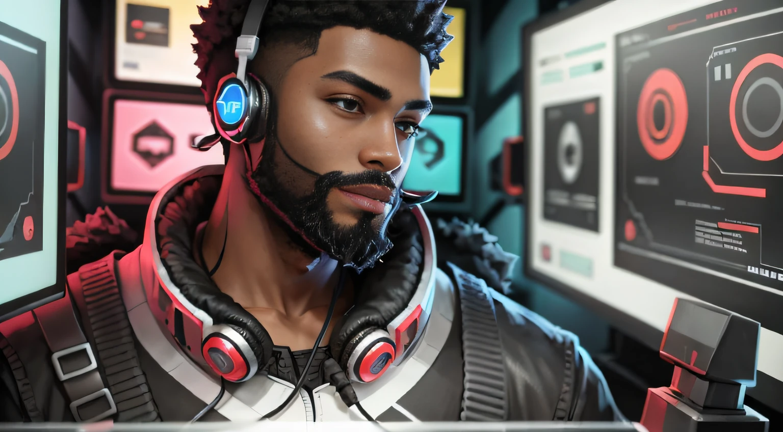Black young gamer short beard very short hair he is a youtuber gamer with his headset and microphone --auto --s2