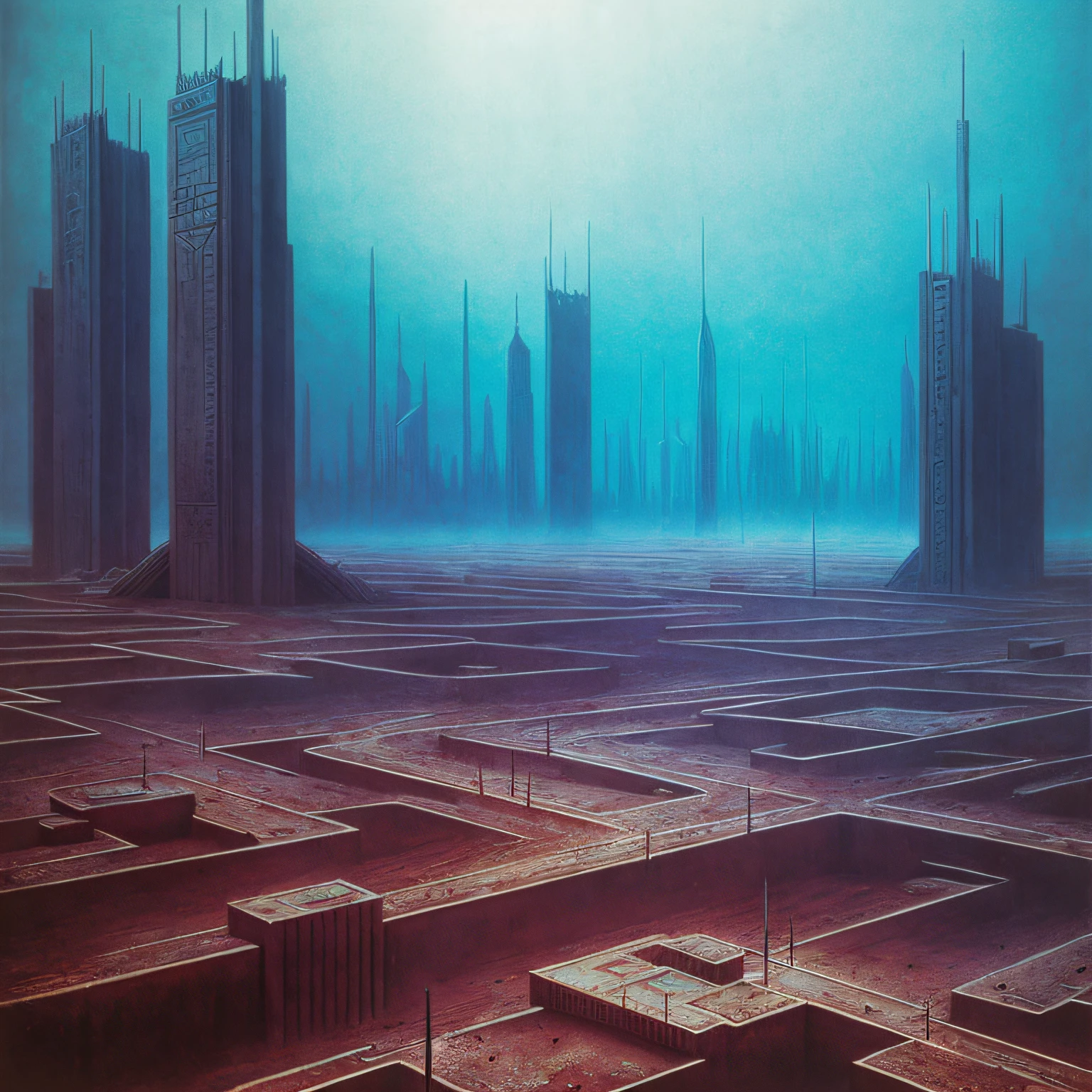 dystopian city landscape, Zdzislaw Beksinski style