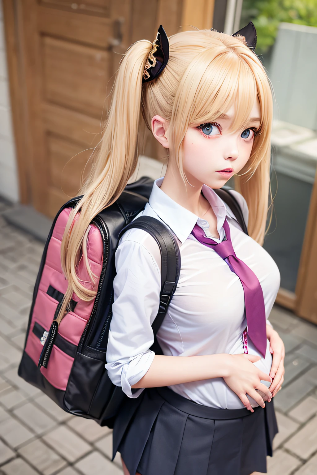akizuki airi. oni chichi, masterpiece, best quality, super detailed, illustration, flat color, depth of field,
1 girl, young, anime, walking, full-length, blonde, twintails, looking at the viewer, red pleated mini skirt, wet white button-down shirt, school uniform, serafuku, blue tie, no bra, black tights, small backpack, detailed leather texture, detailed fabric texture, beautiful detailed face, big breasts, blue eyes, pregnant, tired, pink panties