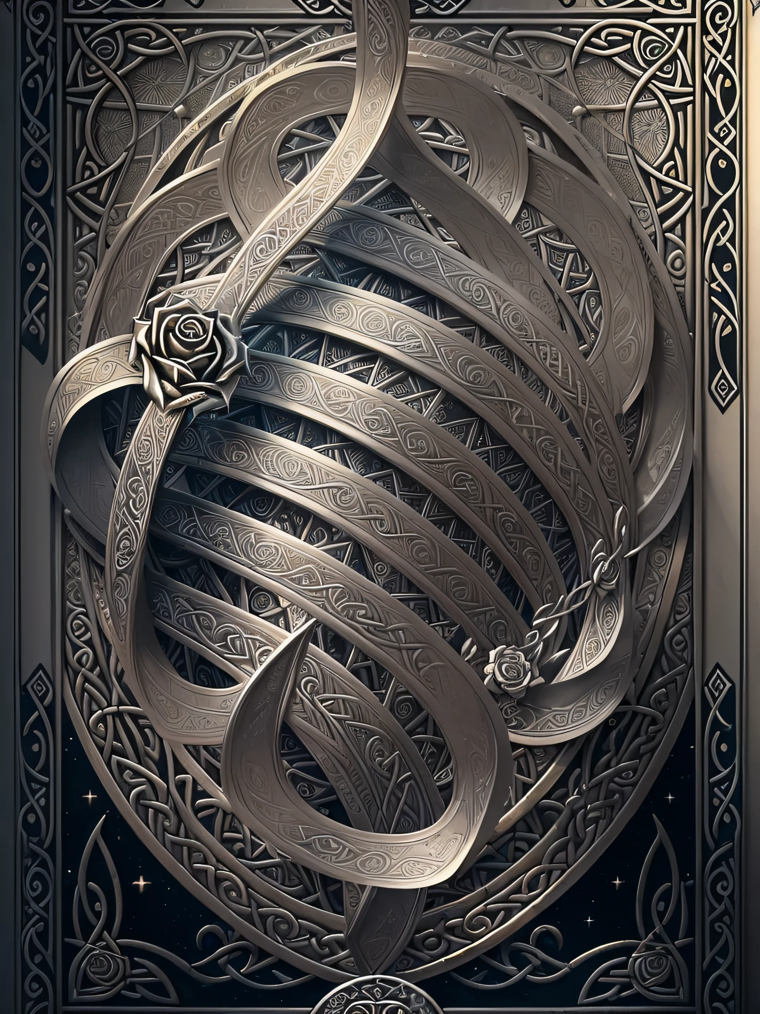 realistic, (best quality, masterpiece:1.3), abstract silver rose, tarot card, linework, light particles, gothic, celtic, --auto --s2