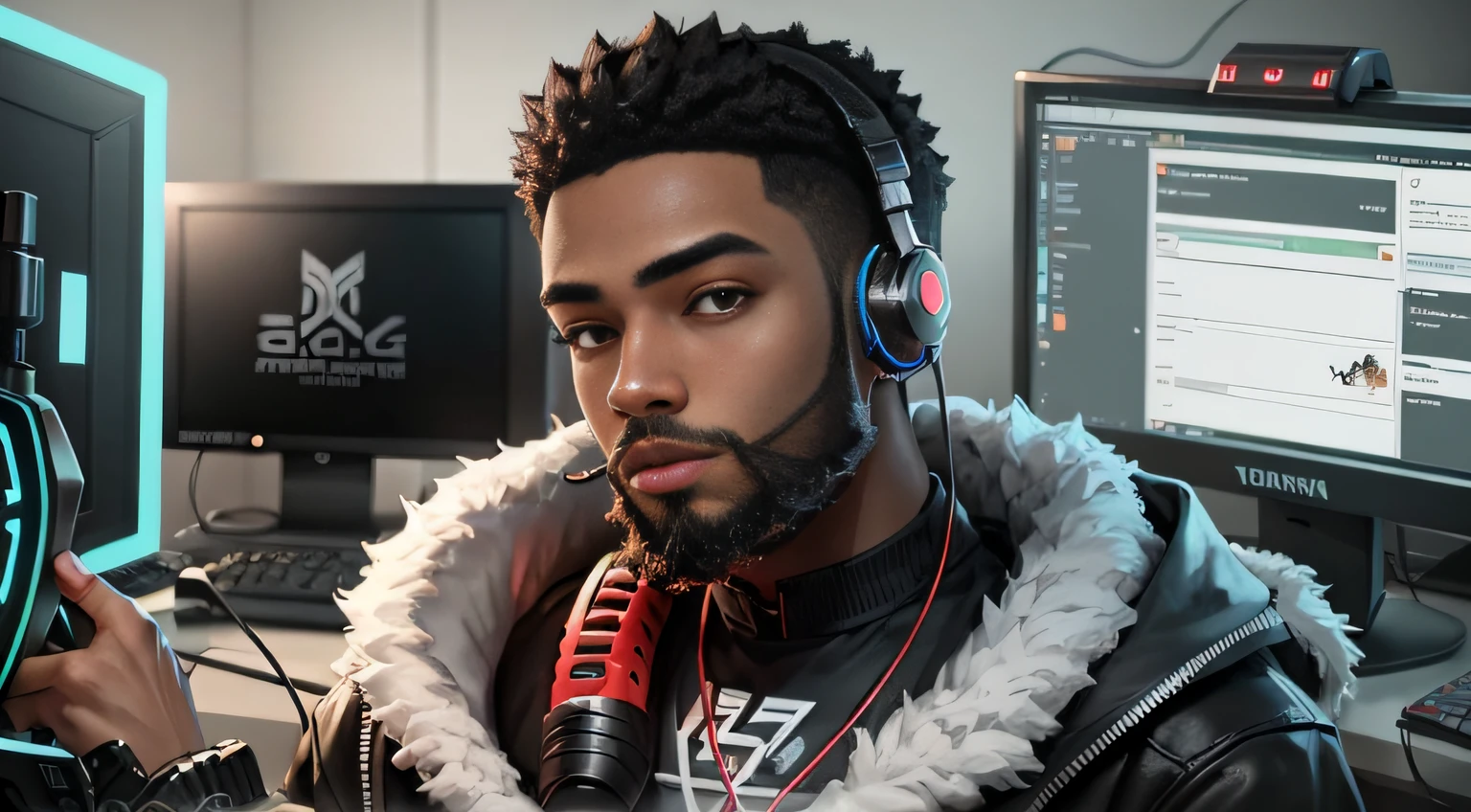 Black young gamer short beard very short hair he is a youtuber gamer with his headset and microphone --auto --s2