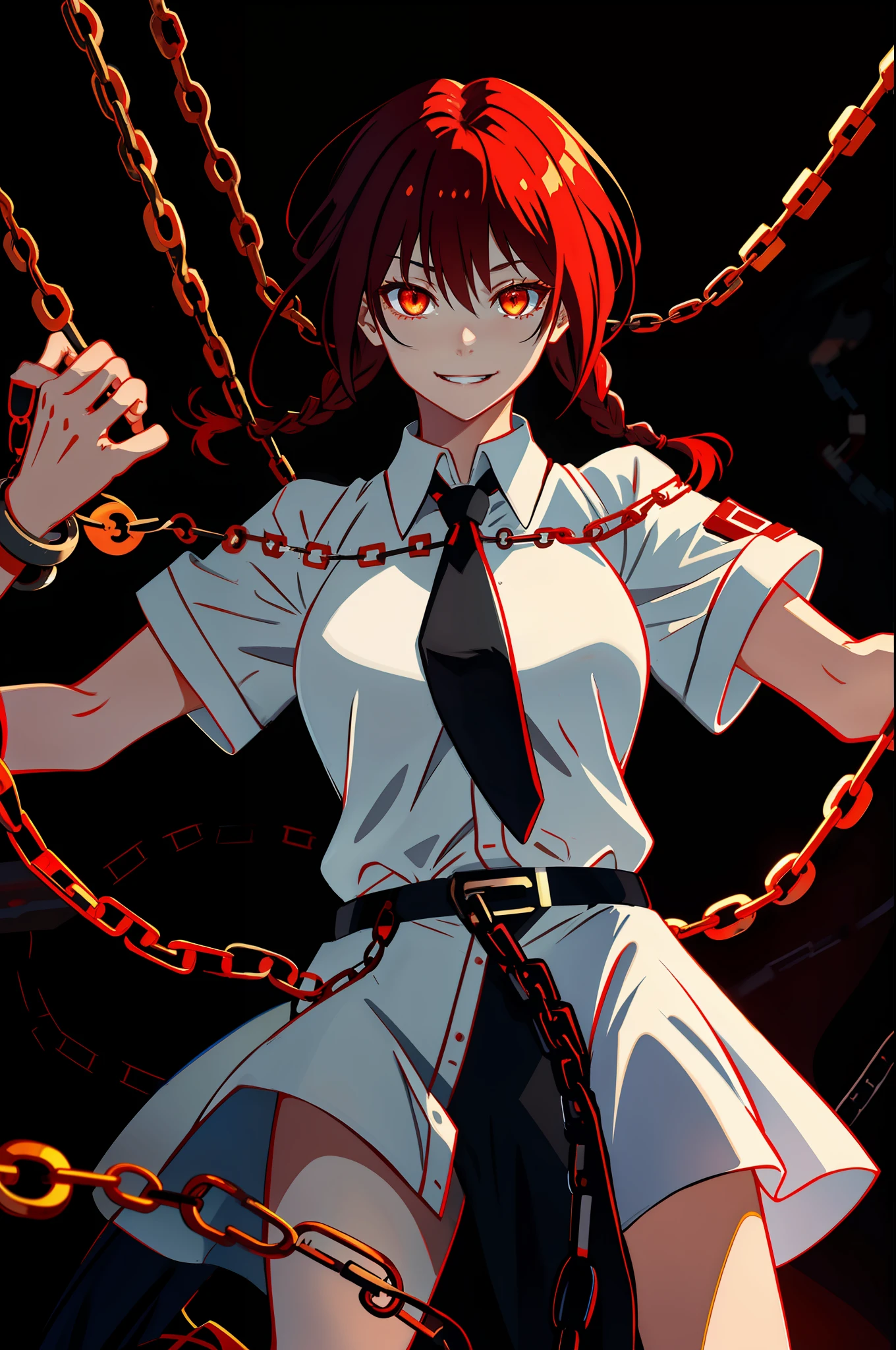 makima, best quality, ultra detailed, 1girl, solo, standing, red hair, long braided hair, golden eyes, bangs, medium breasts, white shirt, necktie, stare, smile, (evil:1.2), looking at viewer, (interview:1.3), (dark background, chains:1.3),