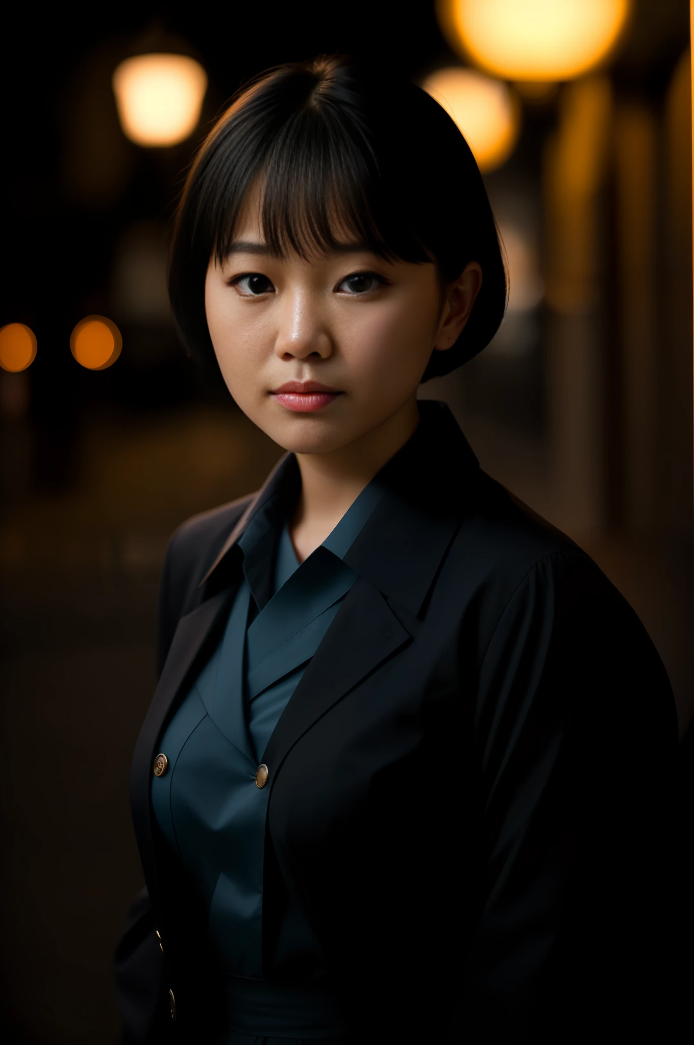 closeup of portrait,closeup photo of a Japanese woman wearing a school uniform, short black hair, standing on the bustling street at night, street lamps, 4k textures, soft cinematic light, adobe lightroom, photolab, hdr, intricate, highly detailed, ray traced, photorealistic, fine details, subsurface scattering, key light, backlight, sharp focus, soothing tones, low contrast, exposure blend